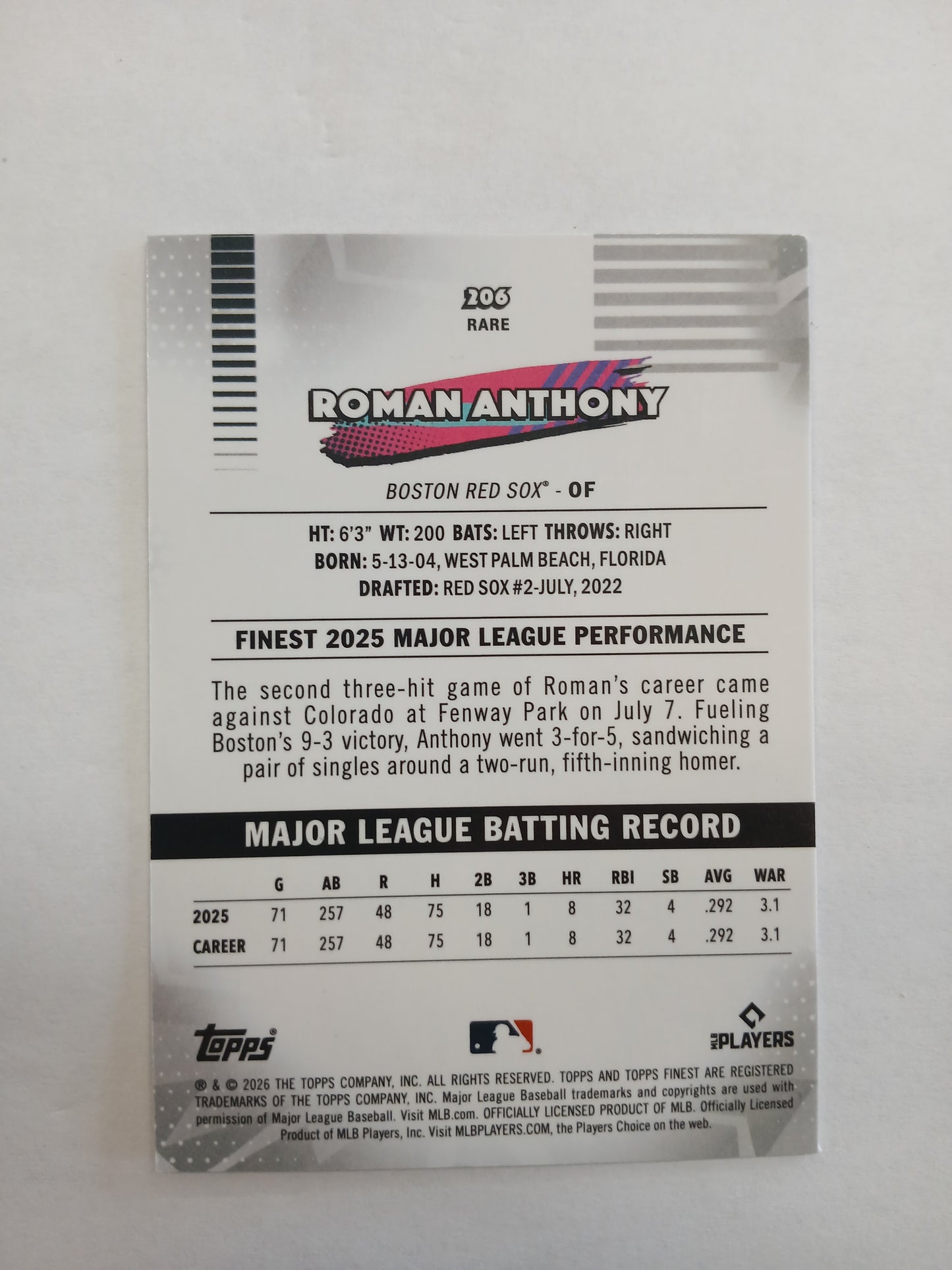 2026 Topps Finest Roman Anthony Rare Rookie Pink Sparkle Refractor #/250