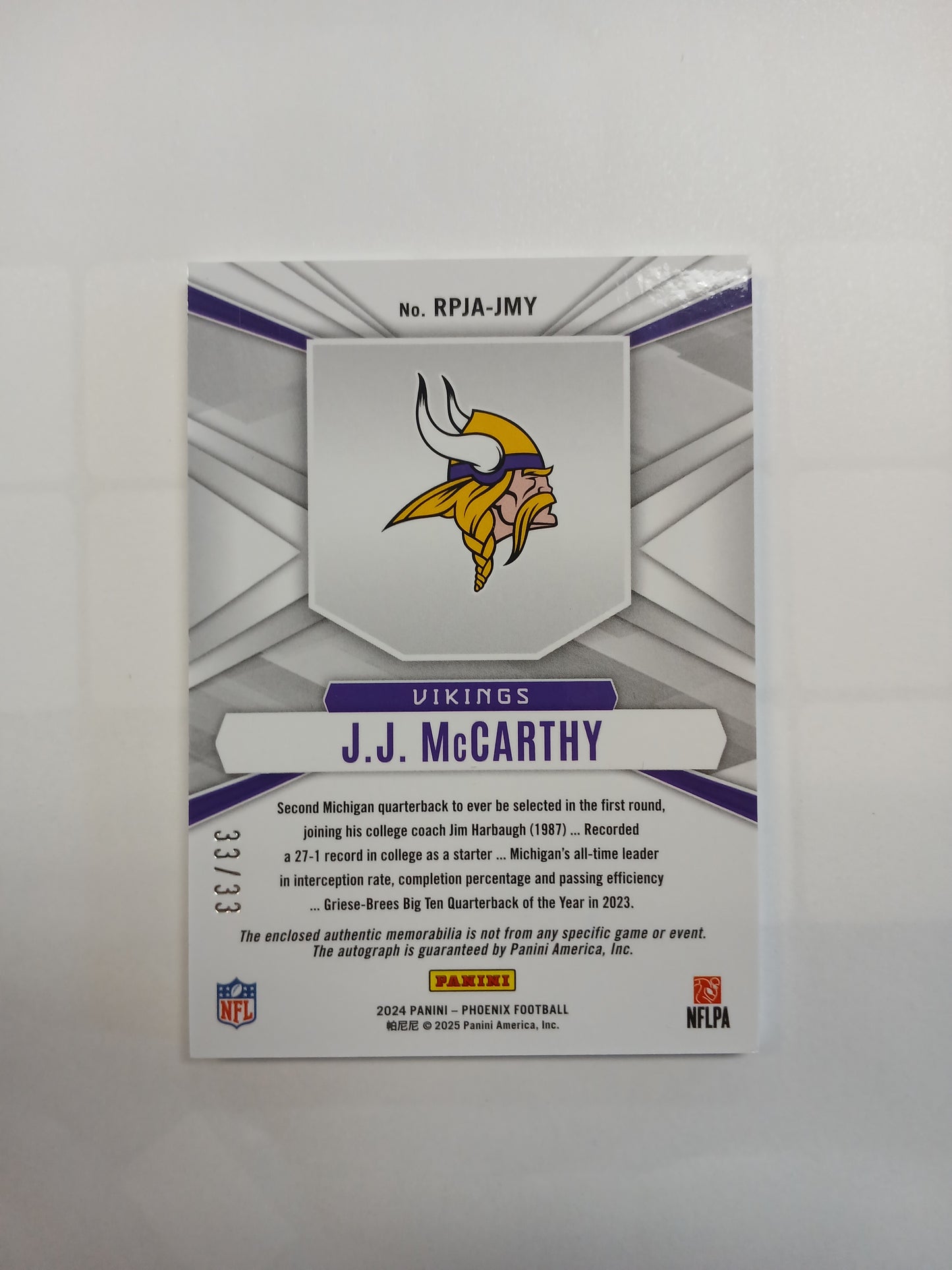 2024 Phoenix JJ McCarthy Rookie Phenom Patch Auto Bronze Prizm #33/33