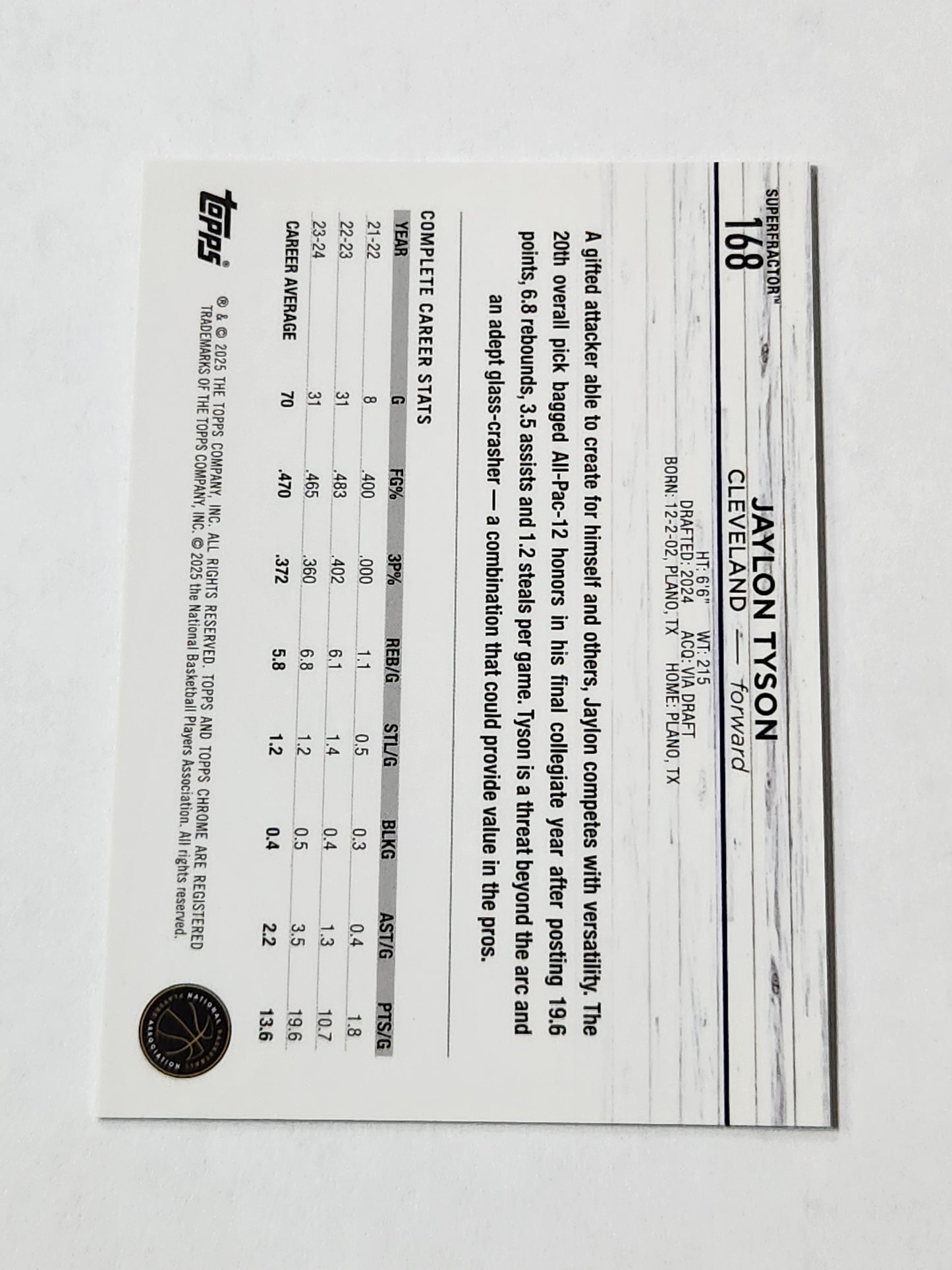 2025 Topps Chrome Jaylon Tyson RC Superfractor 1/1 one of one Cavaliers Gold