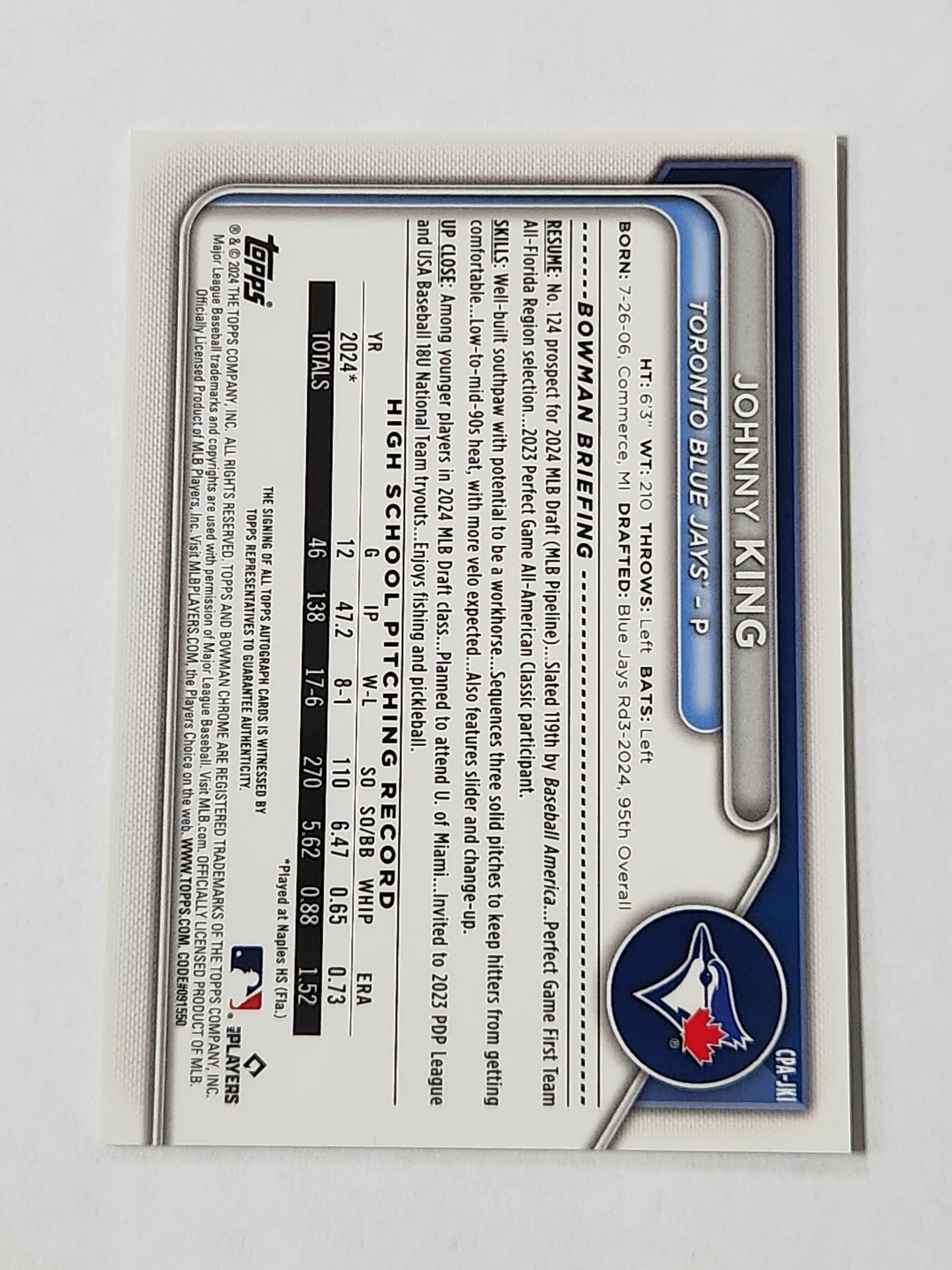2024 Bowman Chrome Johnny King 1st On Card Auto