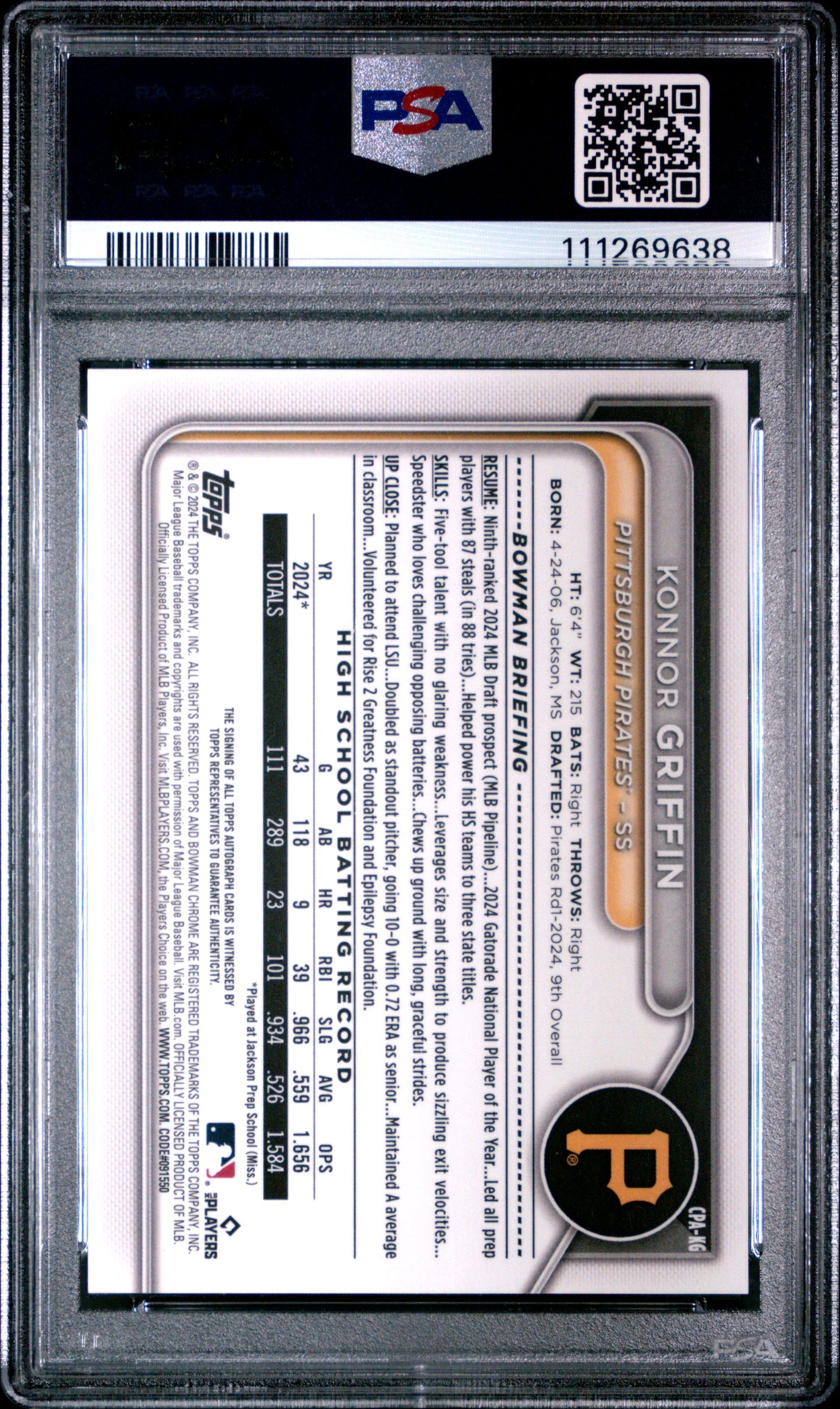 2024 Bowman Draft Konnor Griffin Green Lava Auto /99 Pirates PSA 10