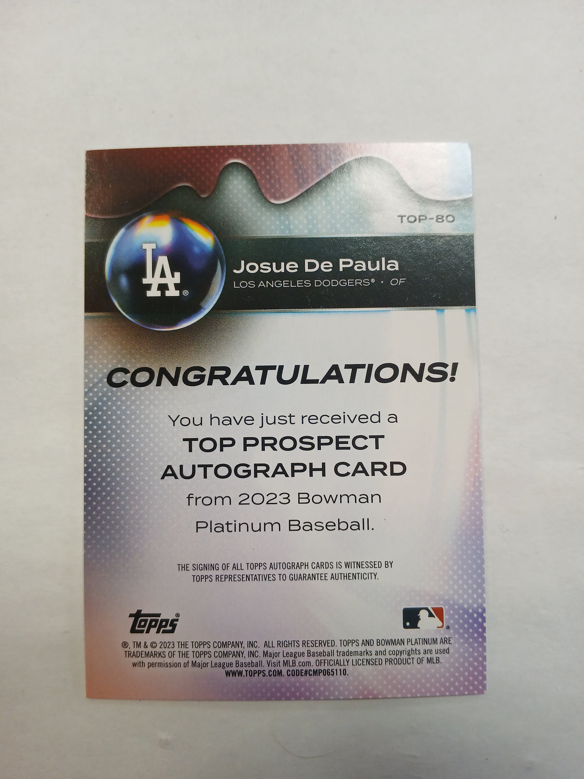 2023 Bowman Platinum Josue De Paula Top Prospect Auto #/150