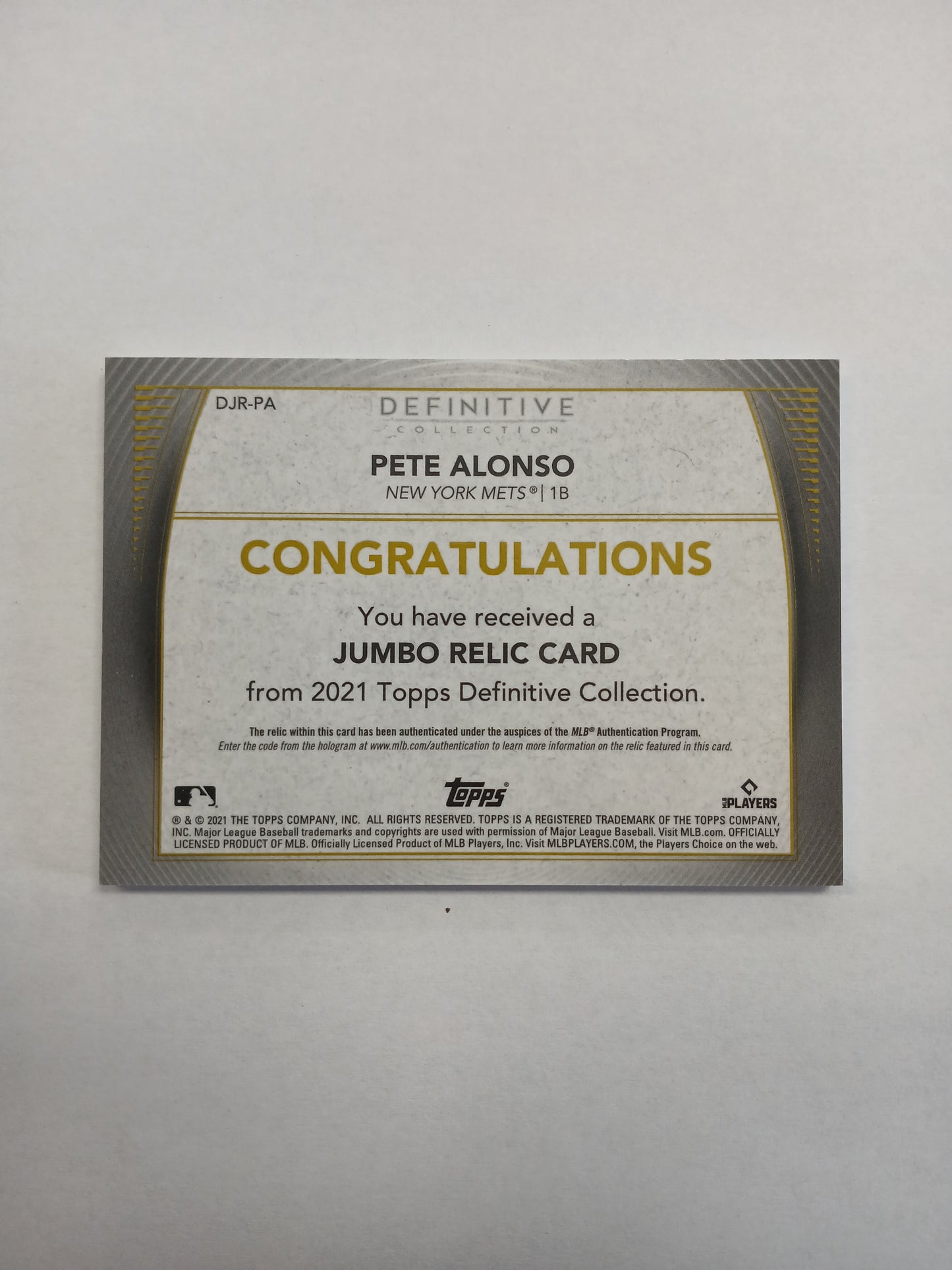 2021 Topps Definitive Collection Pete Alonso Jumbo Dual Color Relic #/30