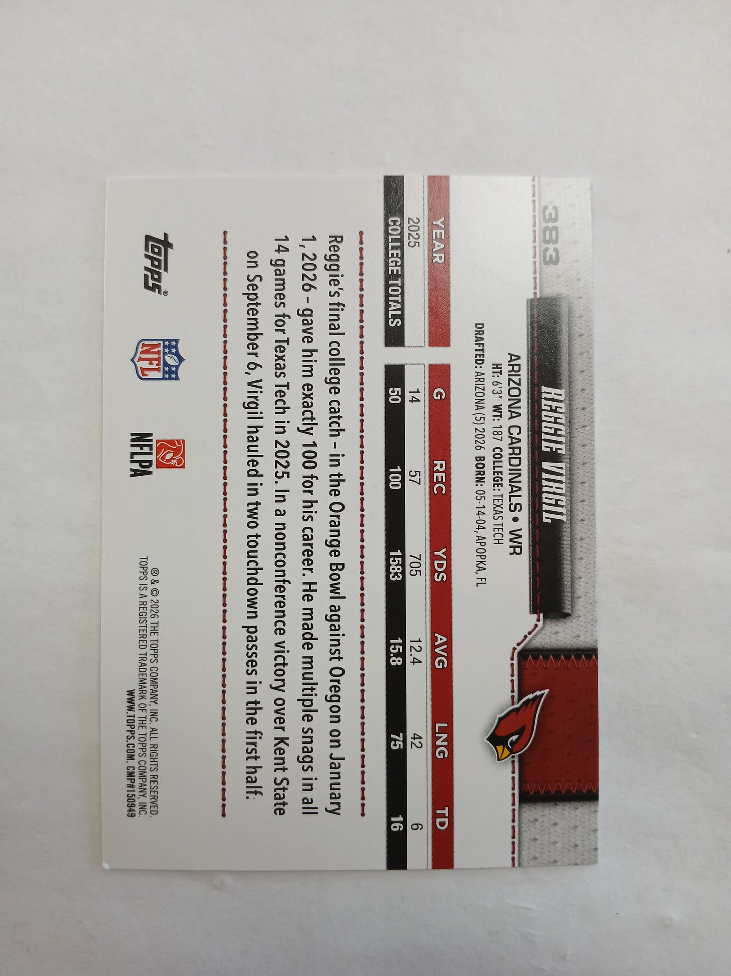 2026 Topps Flagship Football Reggie Virgil Rookie Image Variation SSP