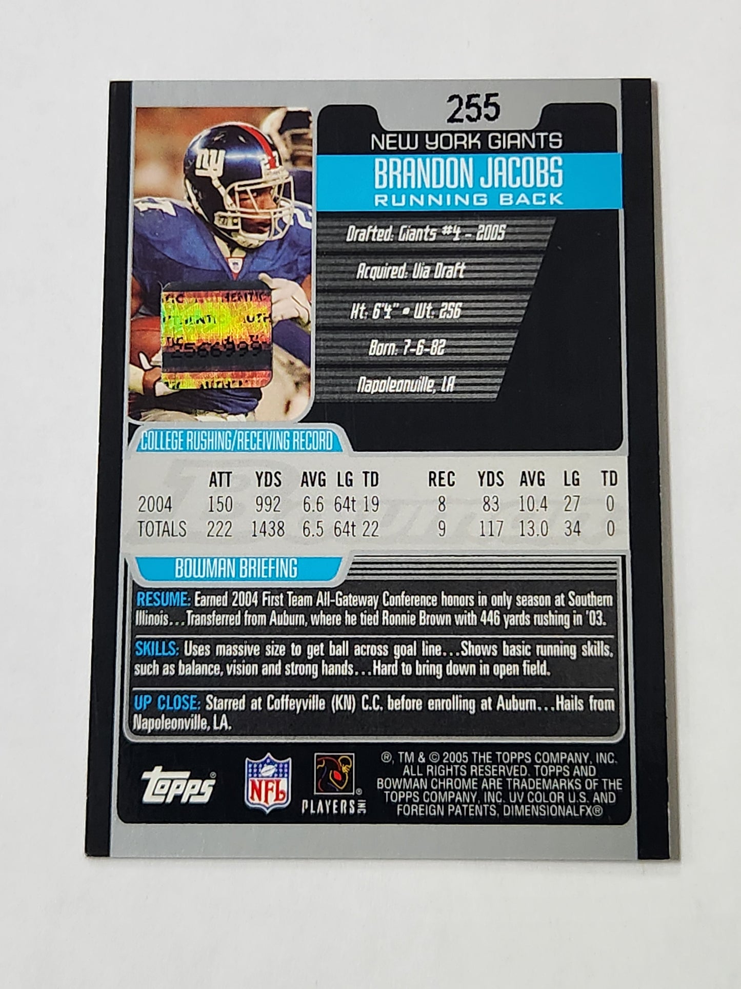 2005 Bowman Chrome Brandon Jacobs Rookie Auto