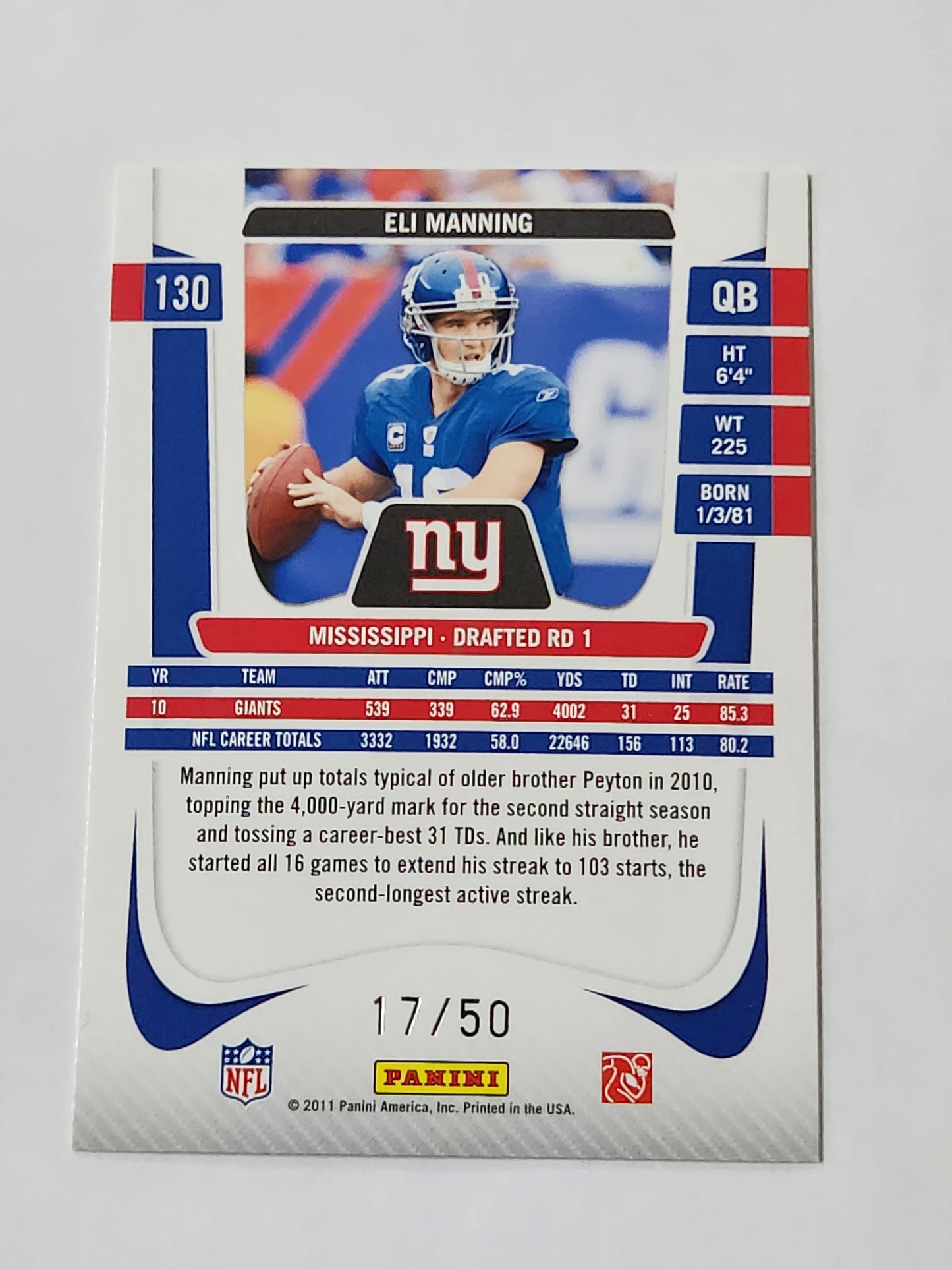 2011 Prestige Eli Manning Xtra Points /50