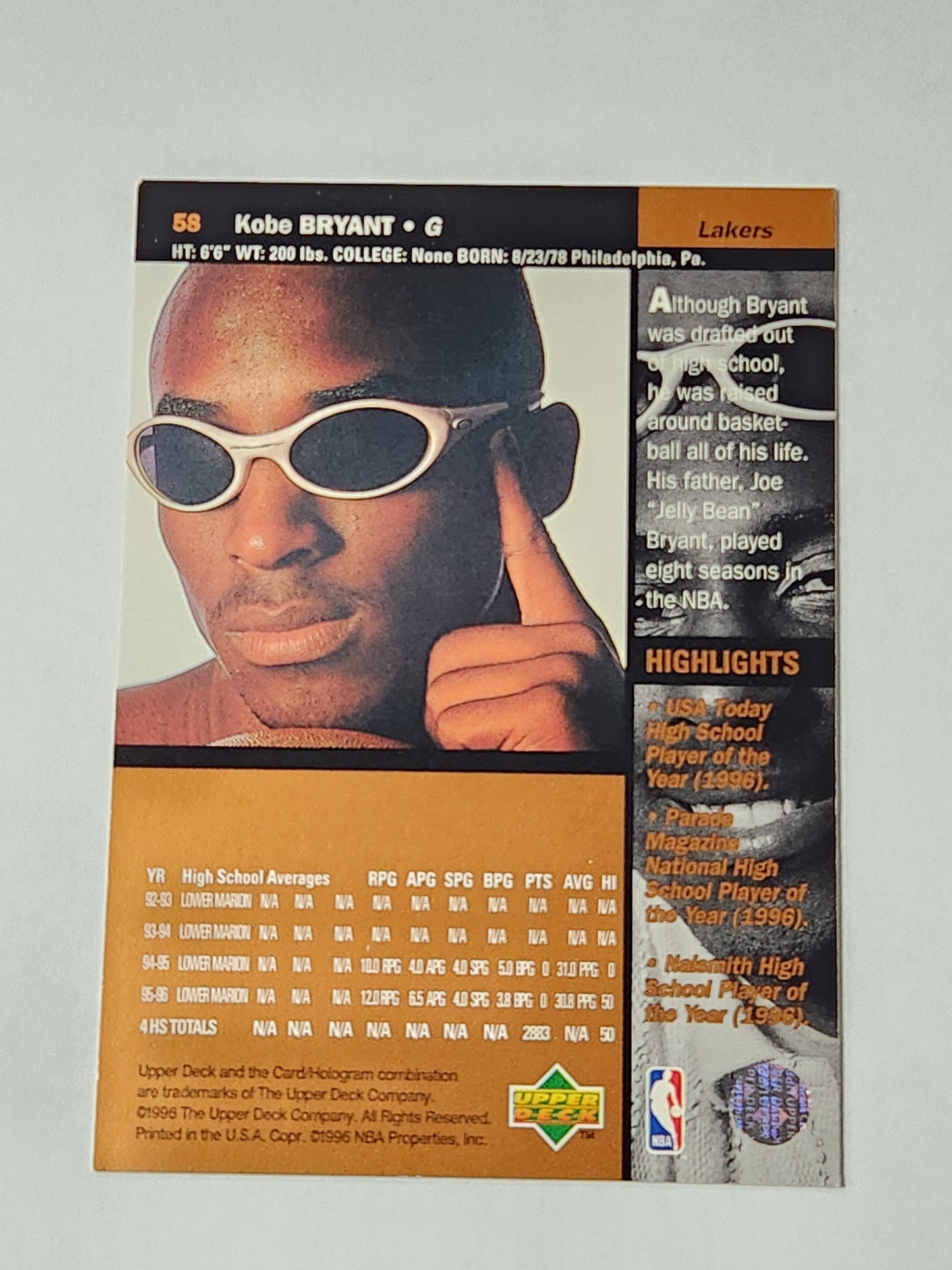 1996 Upper Deck Kobe Bryant Rookie 58