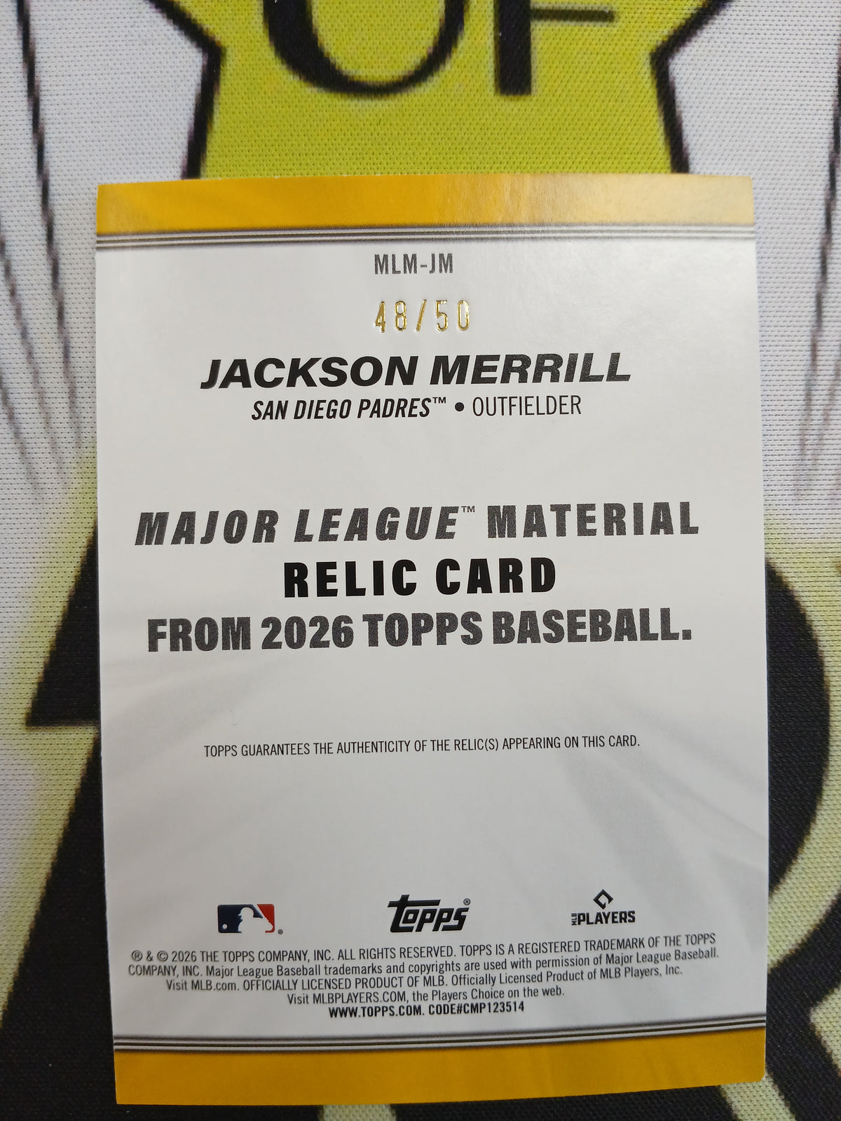 2026 Topps Jackson Merrill Relic Gold Dual Color Patch #/50