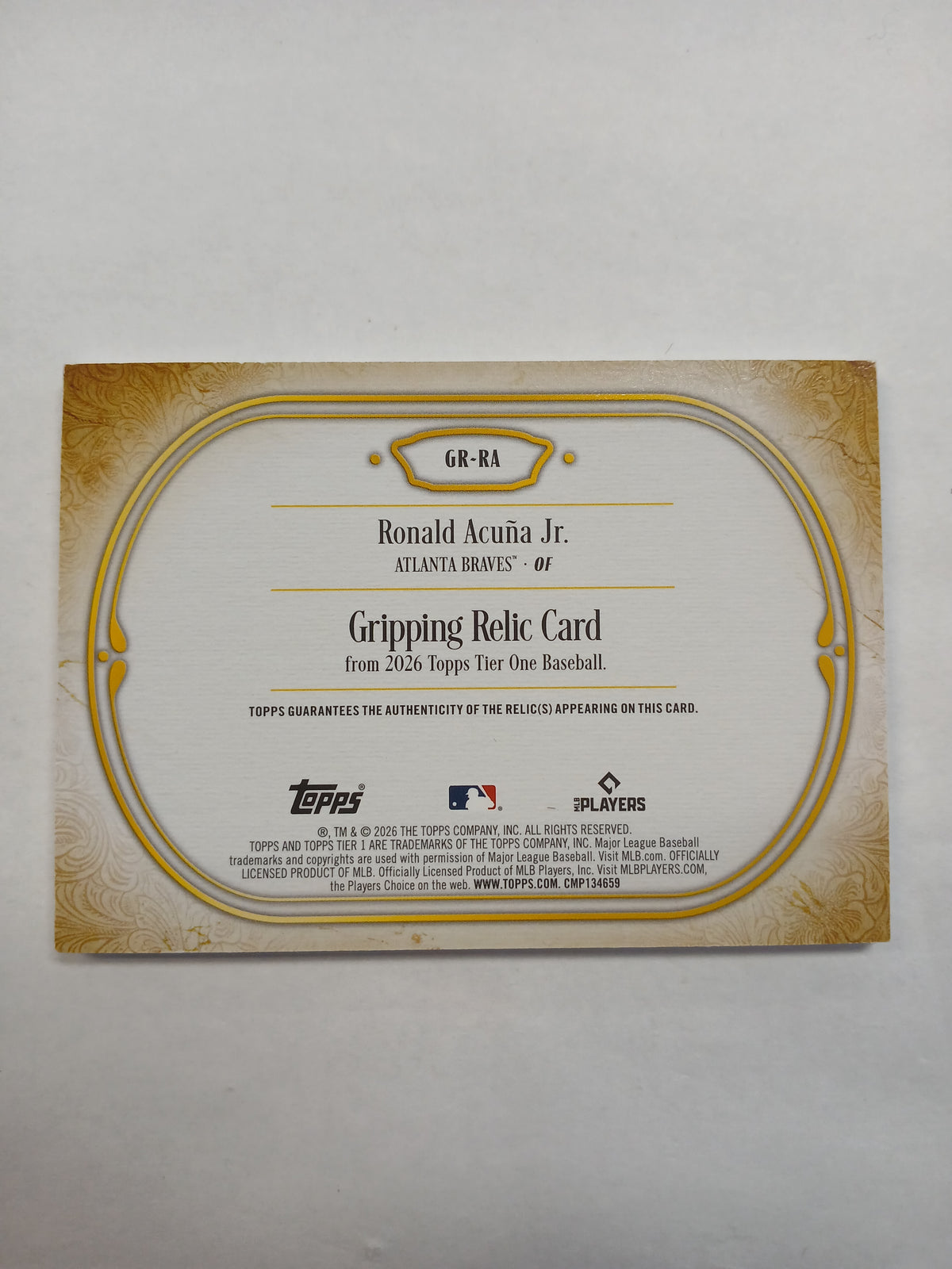 2026 Topps Tier One Ronald Acuna Jr Gripping Relic Platinum Foil #/10