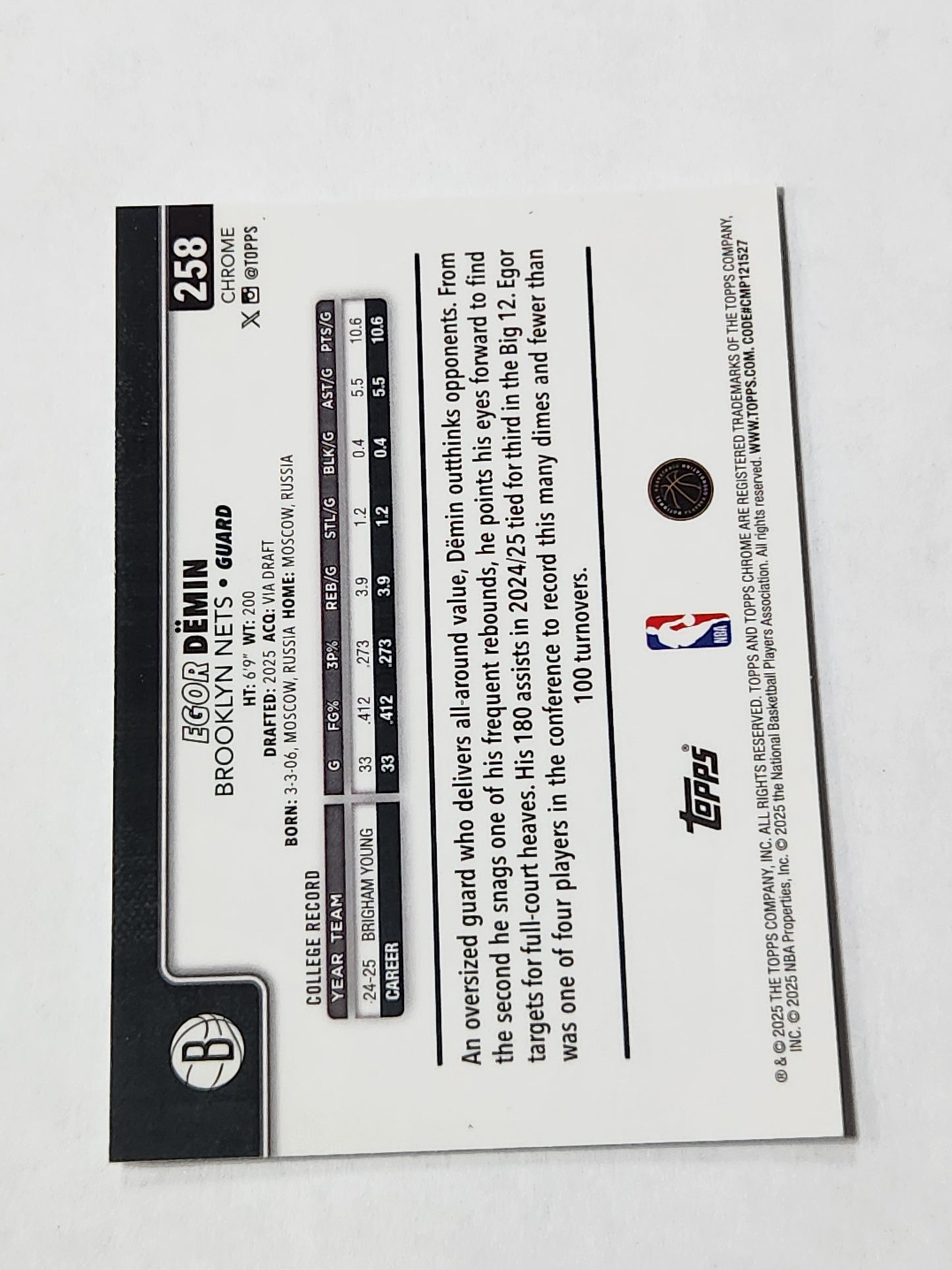 2025-26 Topps Chrome Egor Demin #258 Rookie Image Variation Nets SSP