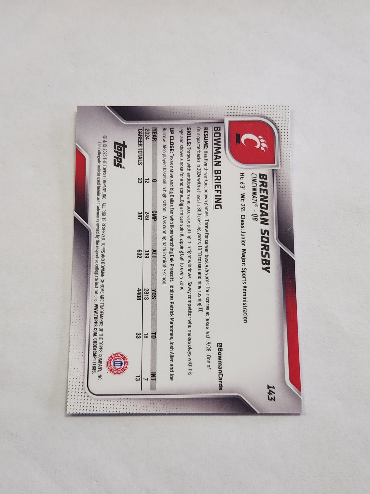 2025 Bowman Chrome U Brendan Sorsby Orange Wave Refractor #/25