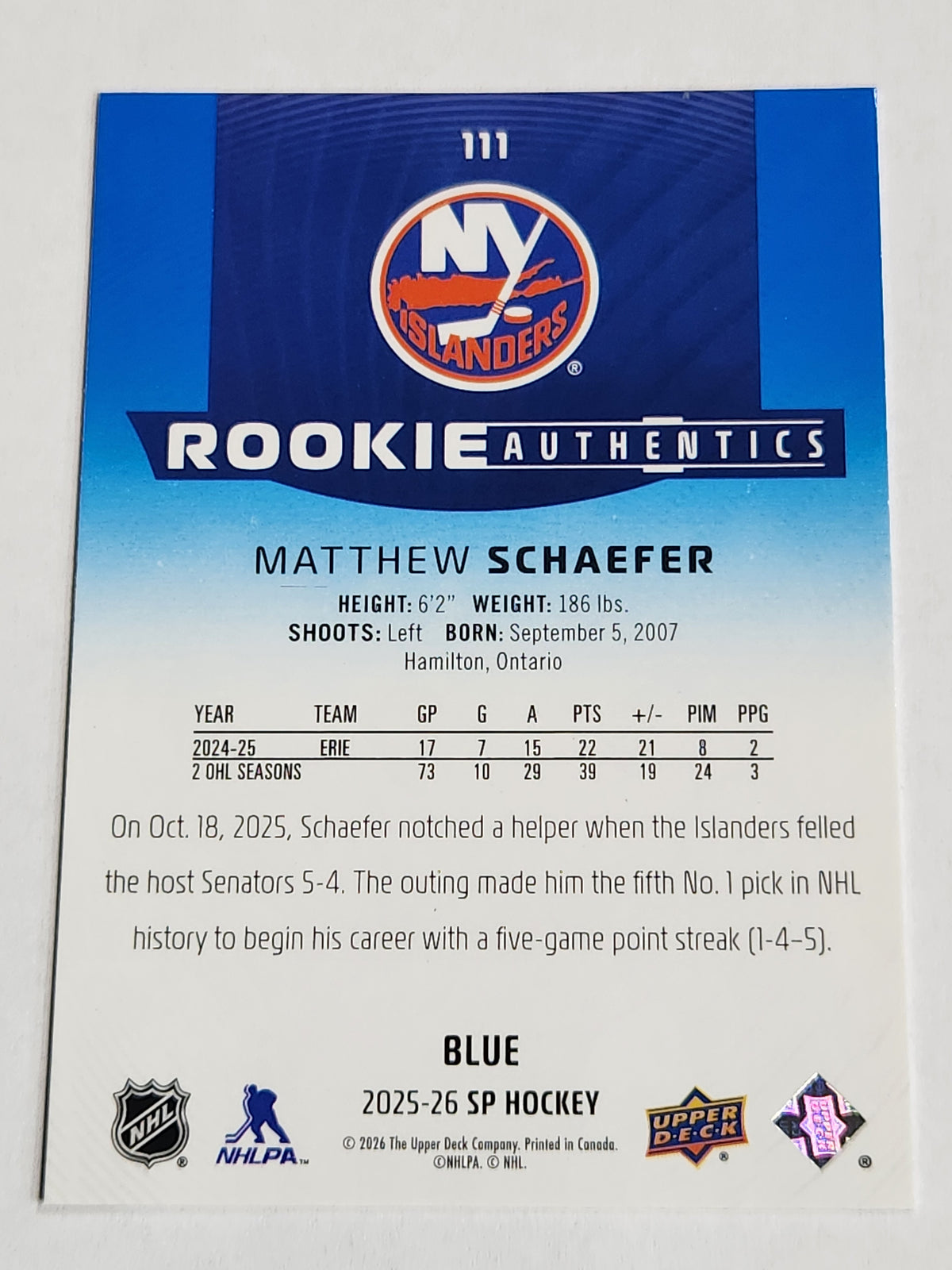 2025-26 Series Two Matthew Schaefer SP Rookie Authentics Blue 111