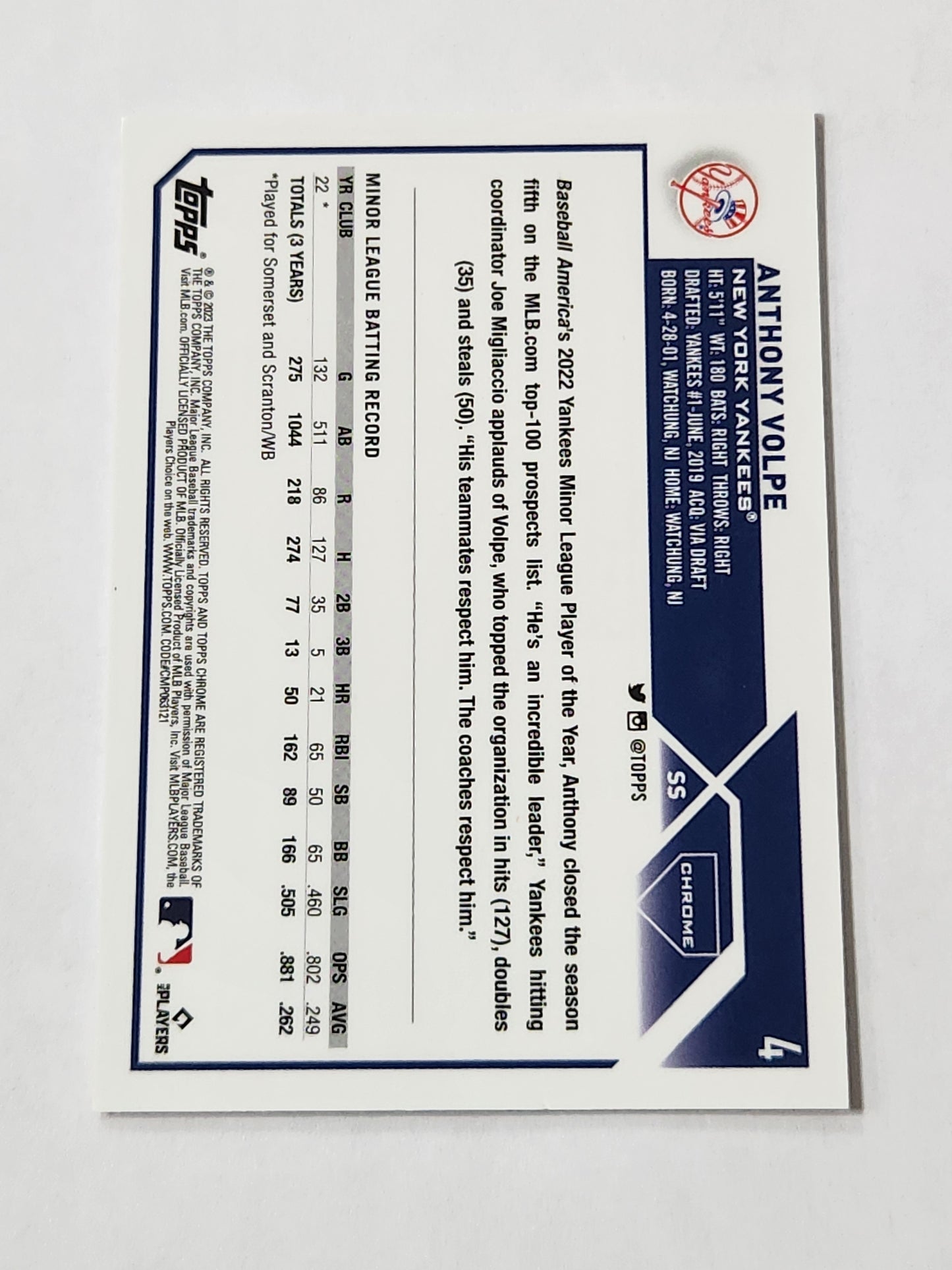 2023 Topps Chrome Anthony Volpe Pink /350