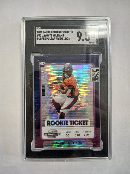 2021 Contenders Optic Javonte Williams Rookie Ticket Purple Pulsar #/26 SGC 9.5