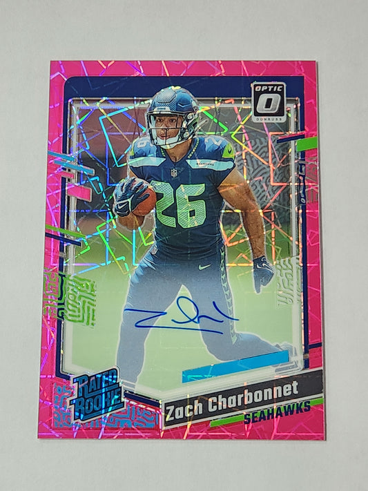 2023 Donruss Optic Zach Charbonnet Rated Rookie Auto Pink Velocity # /50
