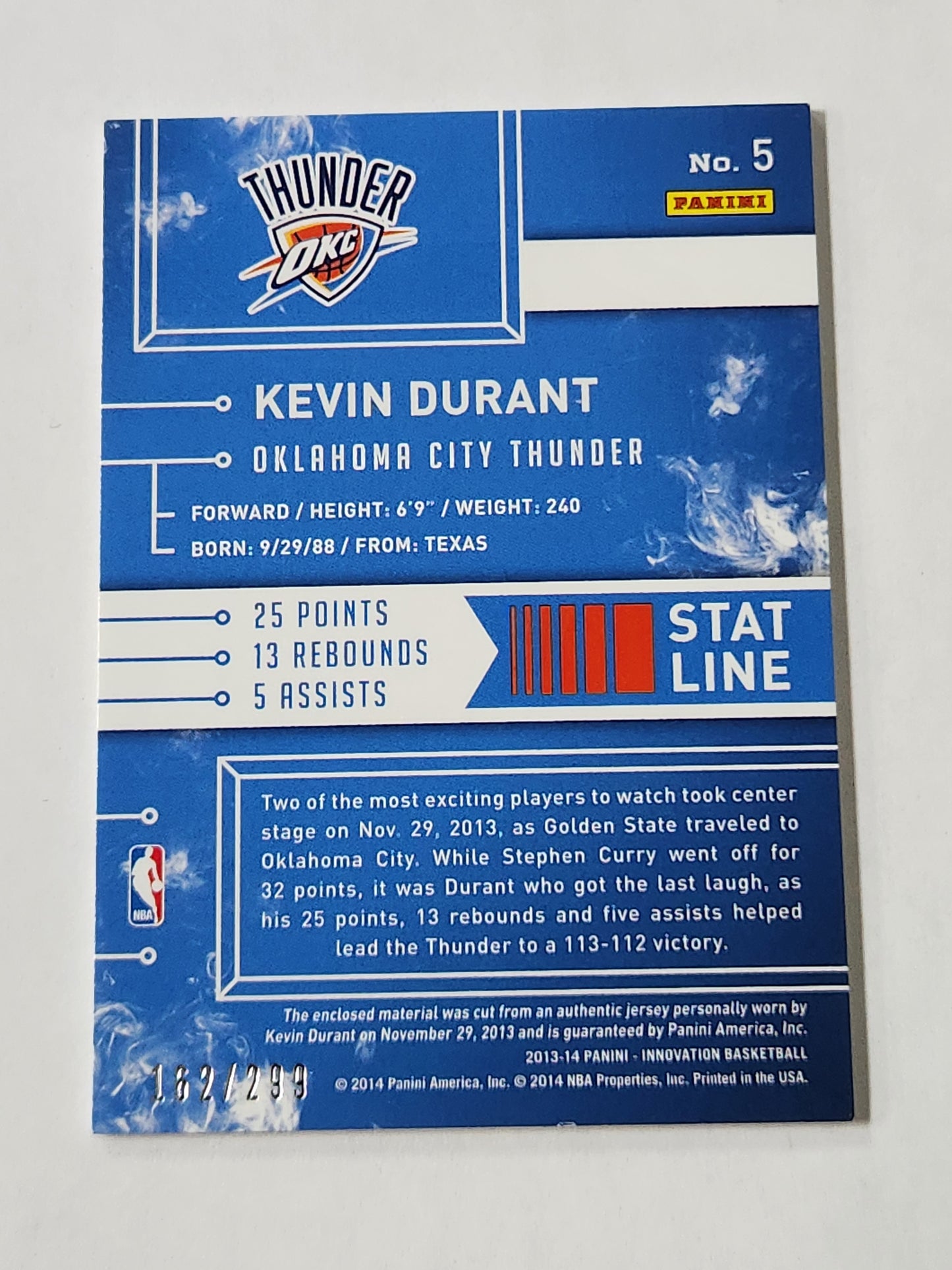 2014 Innovation Kevin Durant Stat Line Jersey Card /299