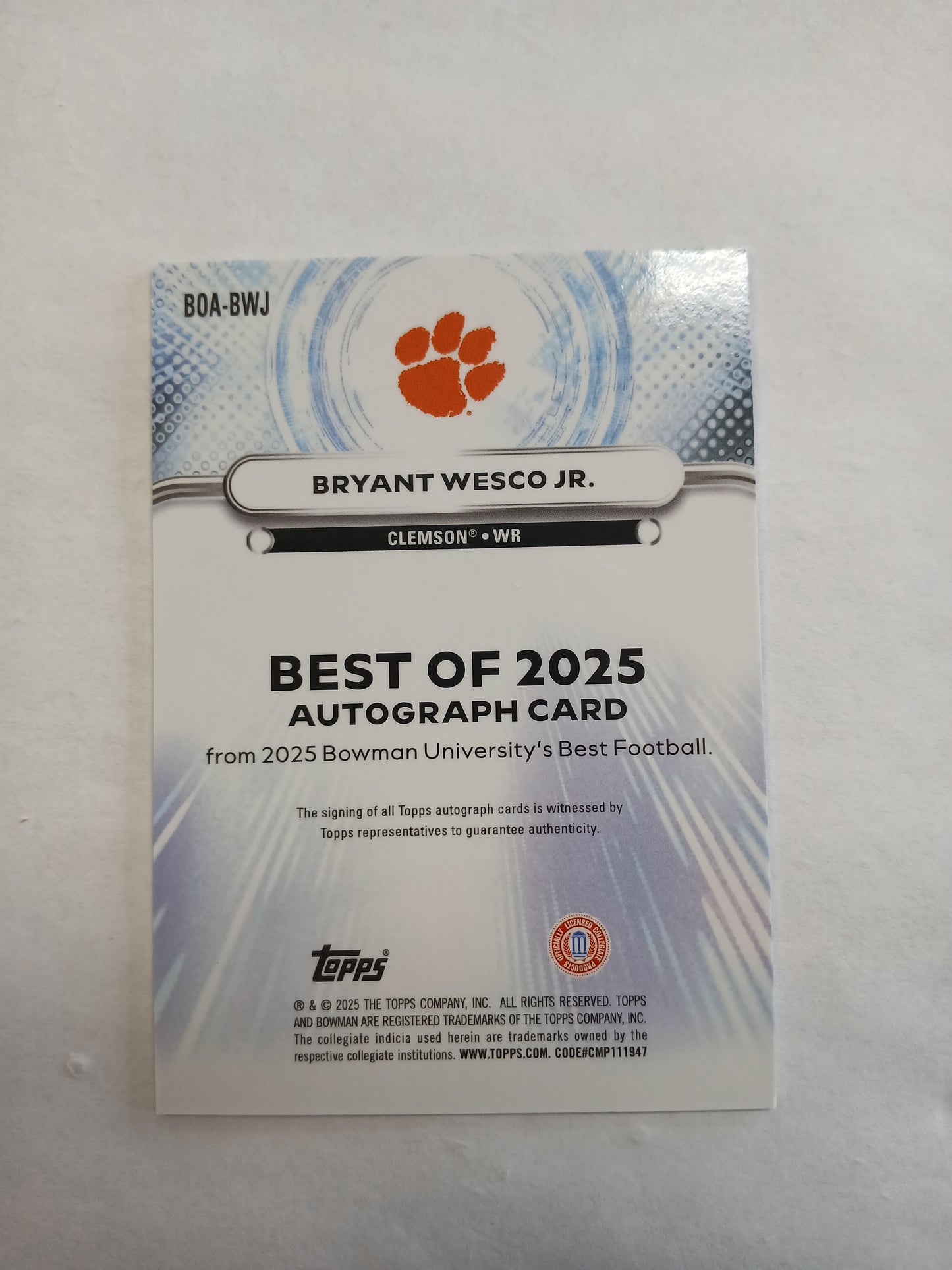 2025 Bowman Best U Bryant Wesco Jr The Best of 2025 Purple Wave On Card Auto #/75