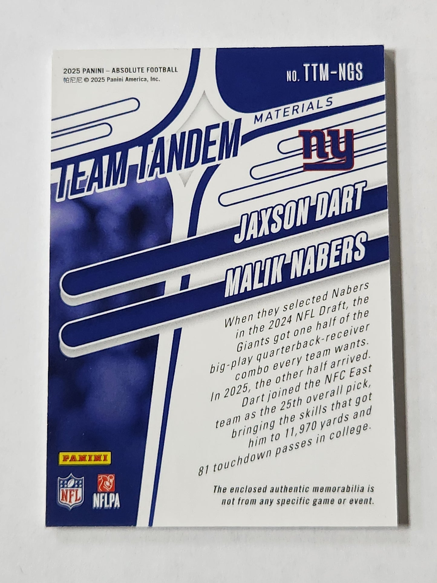 2025 Absolute Jaxon Dart Malik Nabers # /99 Team Tandem Rookie Patch RC