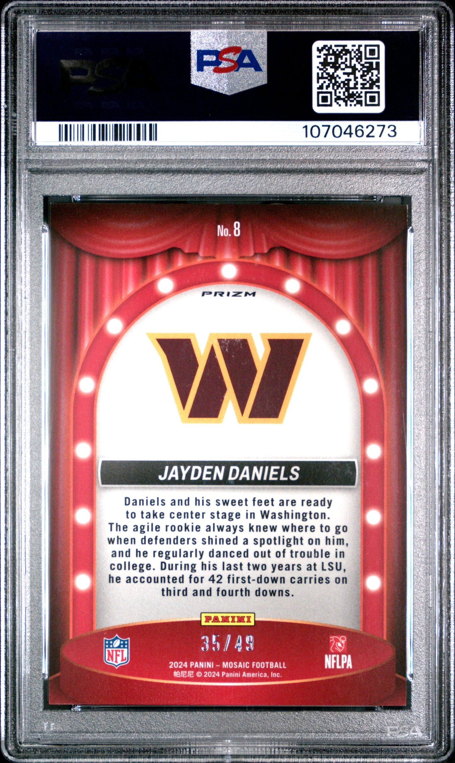 2024 PANINI MOSAIC CENTER STAGE #8 JAYDEN DANIELS CENTER STAGE-PURPLE # /49 SP PSA 9