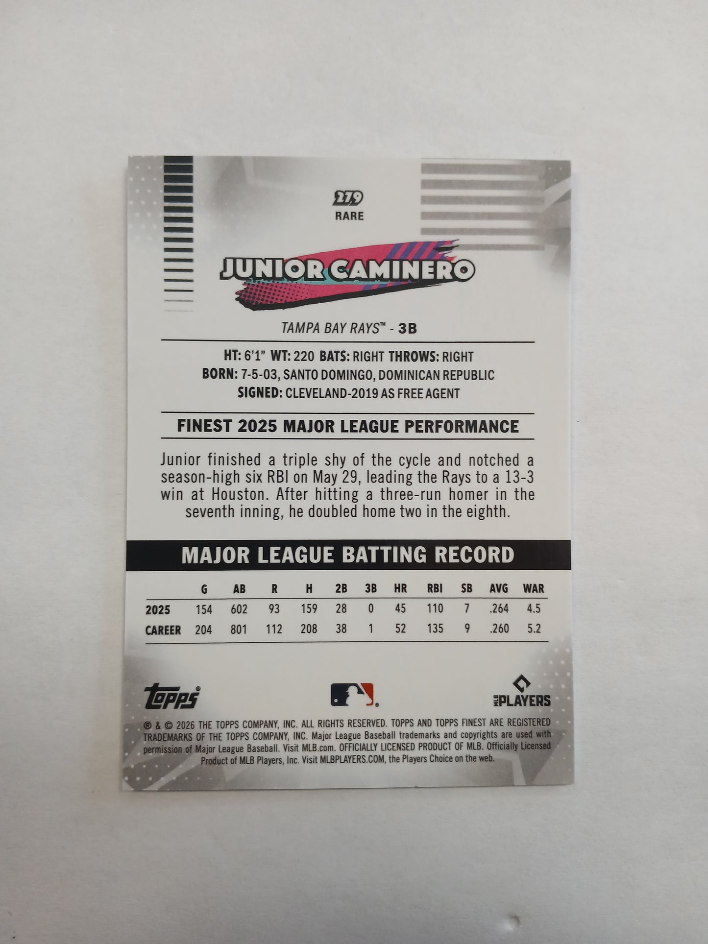 2026 Topps Finest Junior Caminero Rare White Refractor #/30