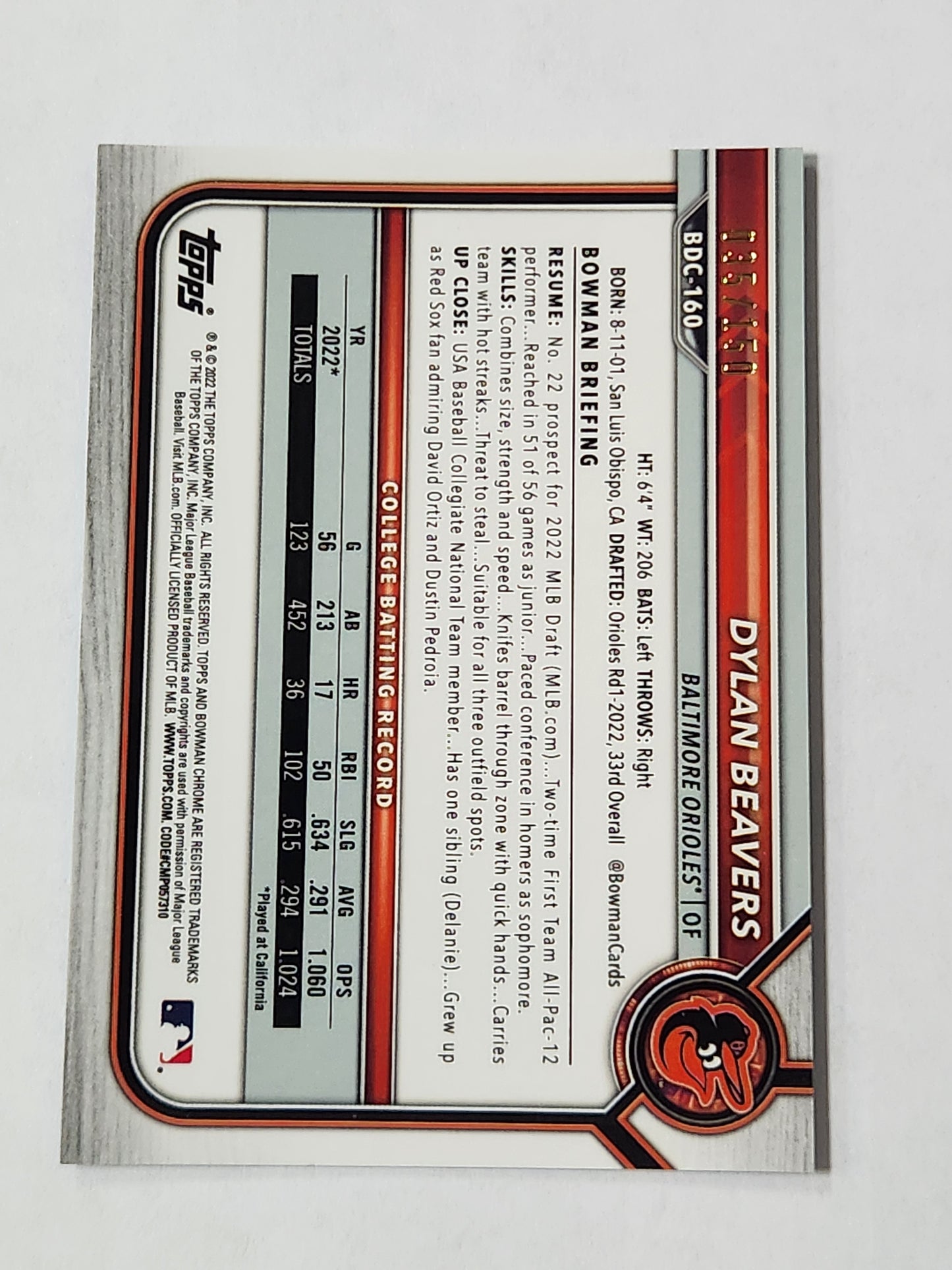 2022 Bowman Chrome Dylan Beavers 1st Blue Refractor /150