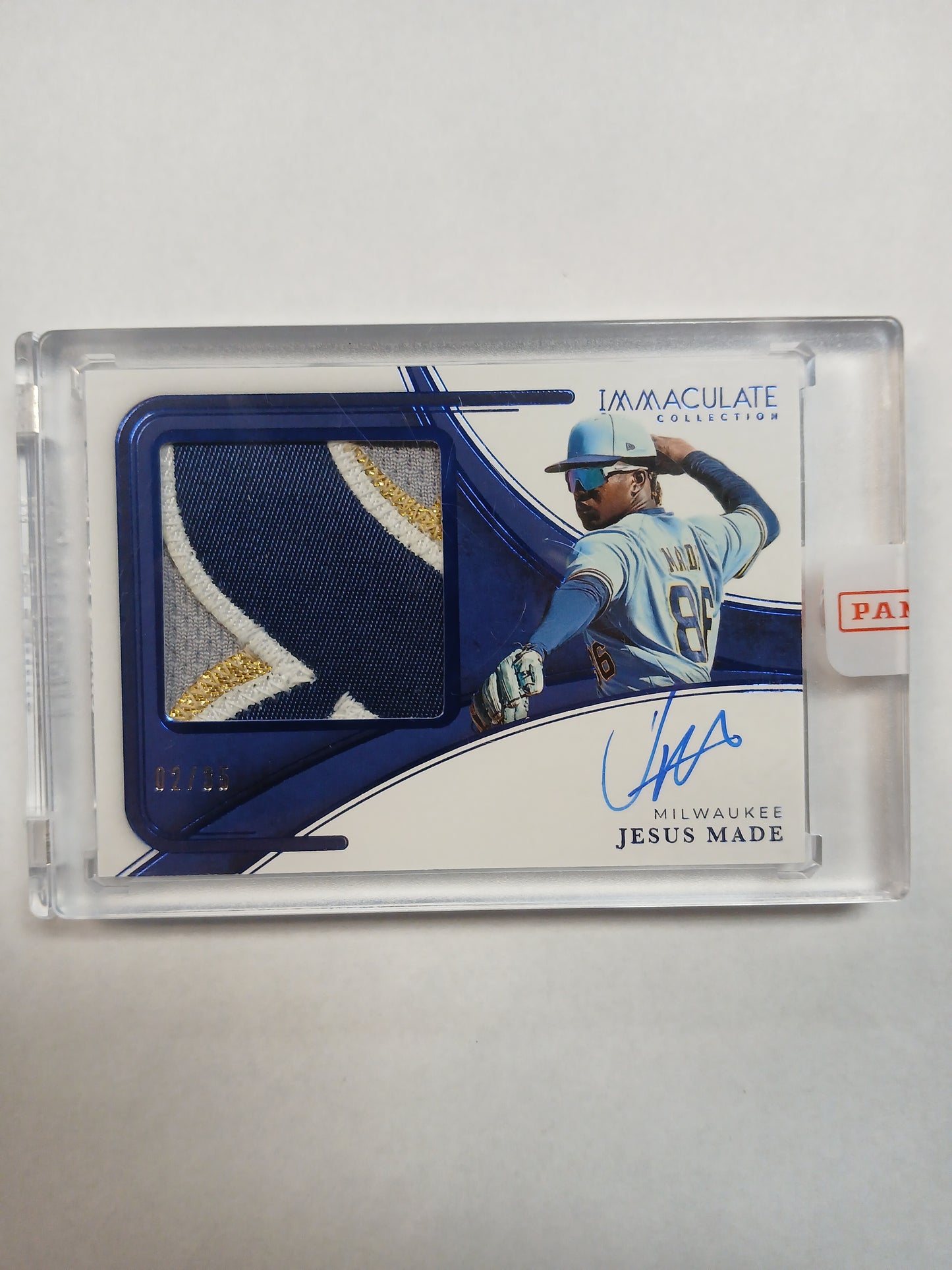 2026 Immaculate Collection Jesus Made Premium Memorabilia Signatures Triple Color Patch On Card Auto Blue Foil #/35