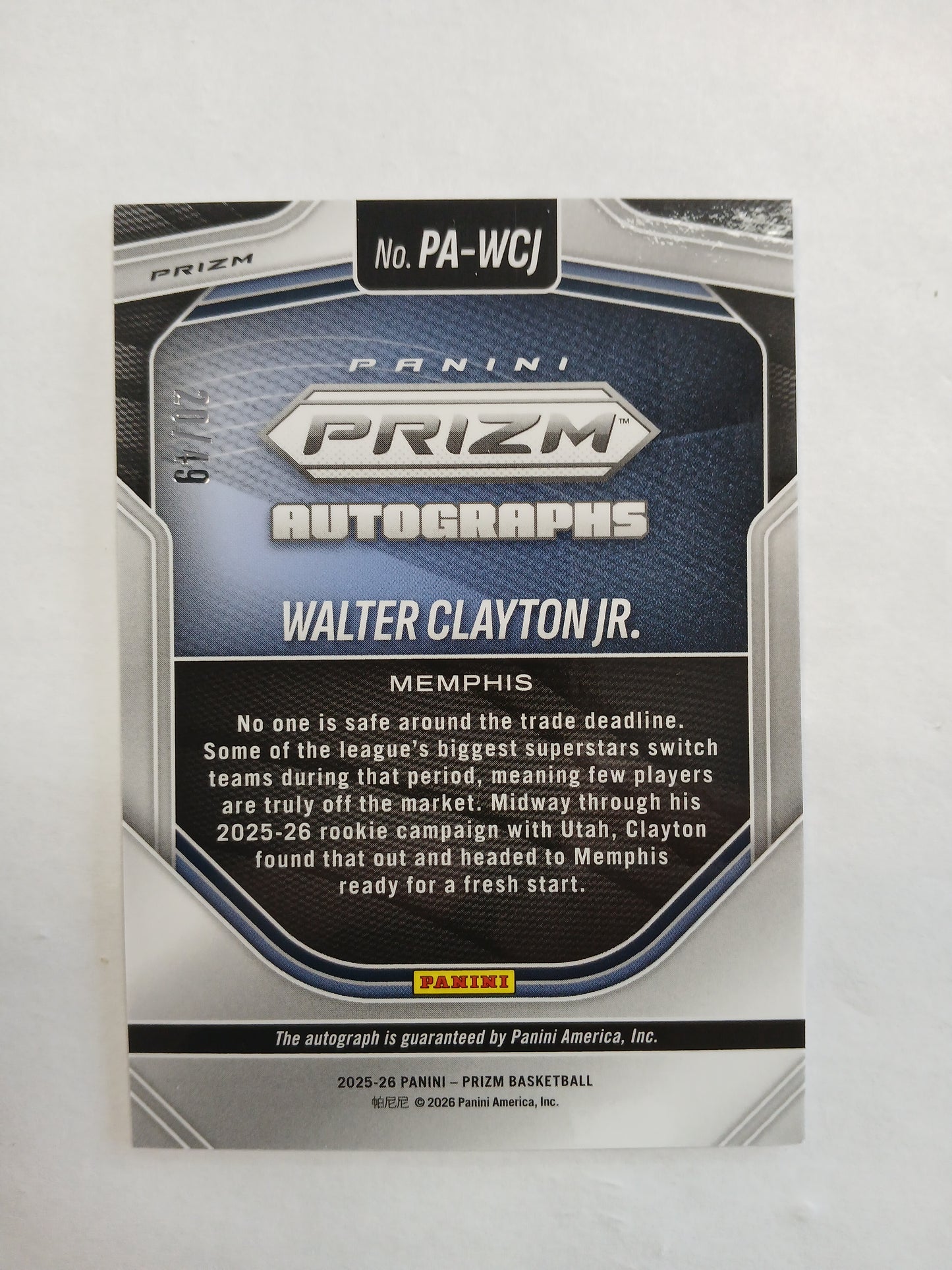 2025 Prizm Walter Clayton Jr Autographs Rookie Auto Blue Cracked Ice Color Match #/49
