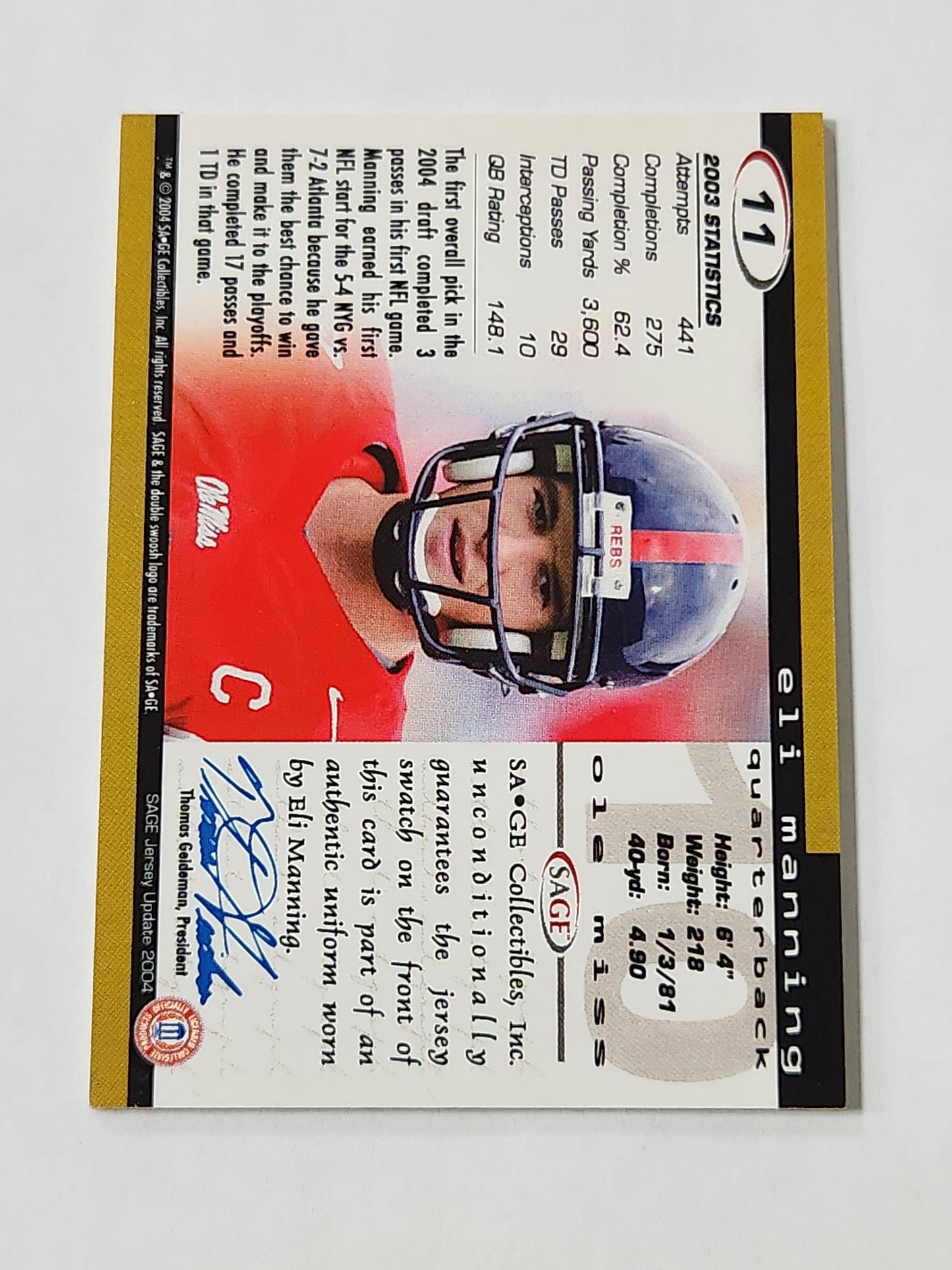 2004 Sage Eli Manning Mississippi 10 Rookie Jersey Card