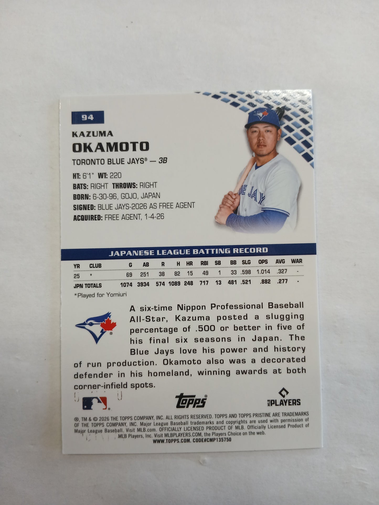 2026 Topps Pristine Kazuma Okamoto Rookie Green Refractor #/150