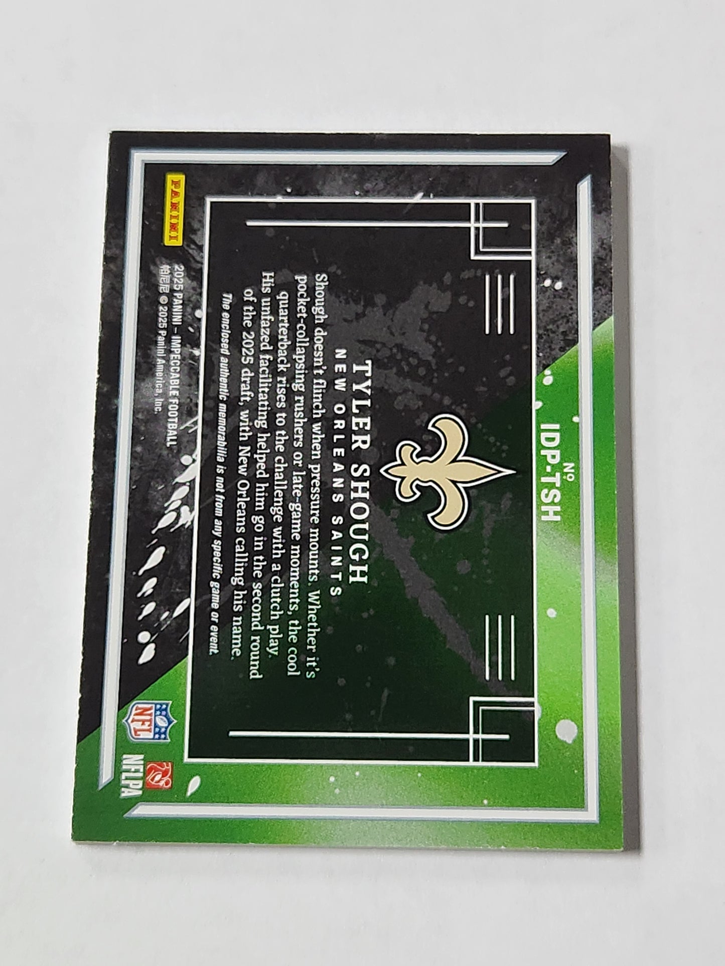 2025 Impeccable Tyler Shough Draft Picks 3 Color Patch # /49 Saints RC