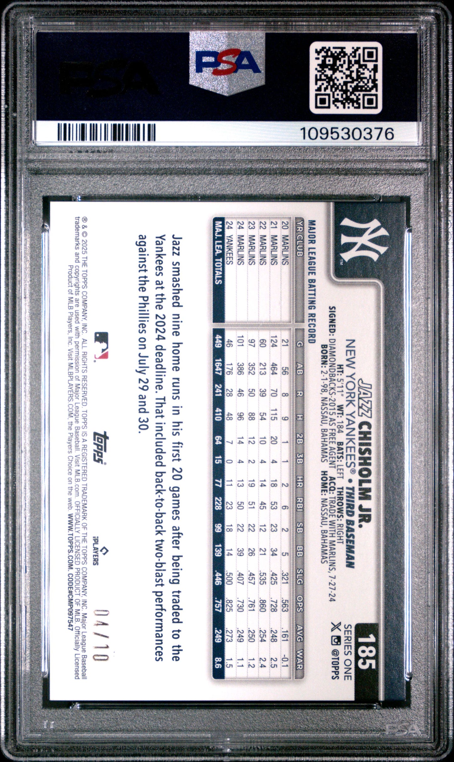 2025 TOPPS #185 JAZZ CHISHOLM JR. BLACK HOLO FOIL PSA 10
