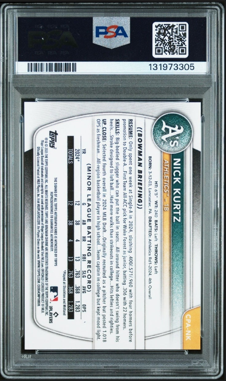 2025 Bowman Chrome Nick Kurtz Auto Sunflower Seeds # /5 PSA 10 #CPANK