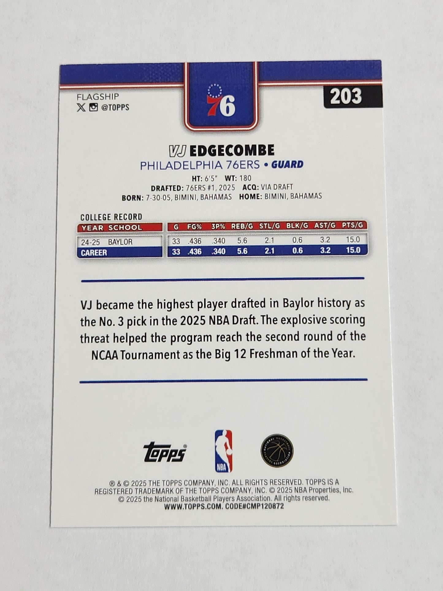 2025 Topps VJ Edgecomb Purple/250 RC Rookie 76ers