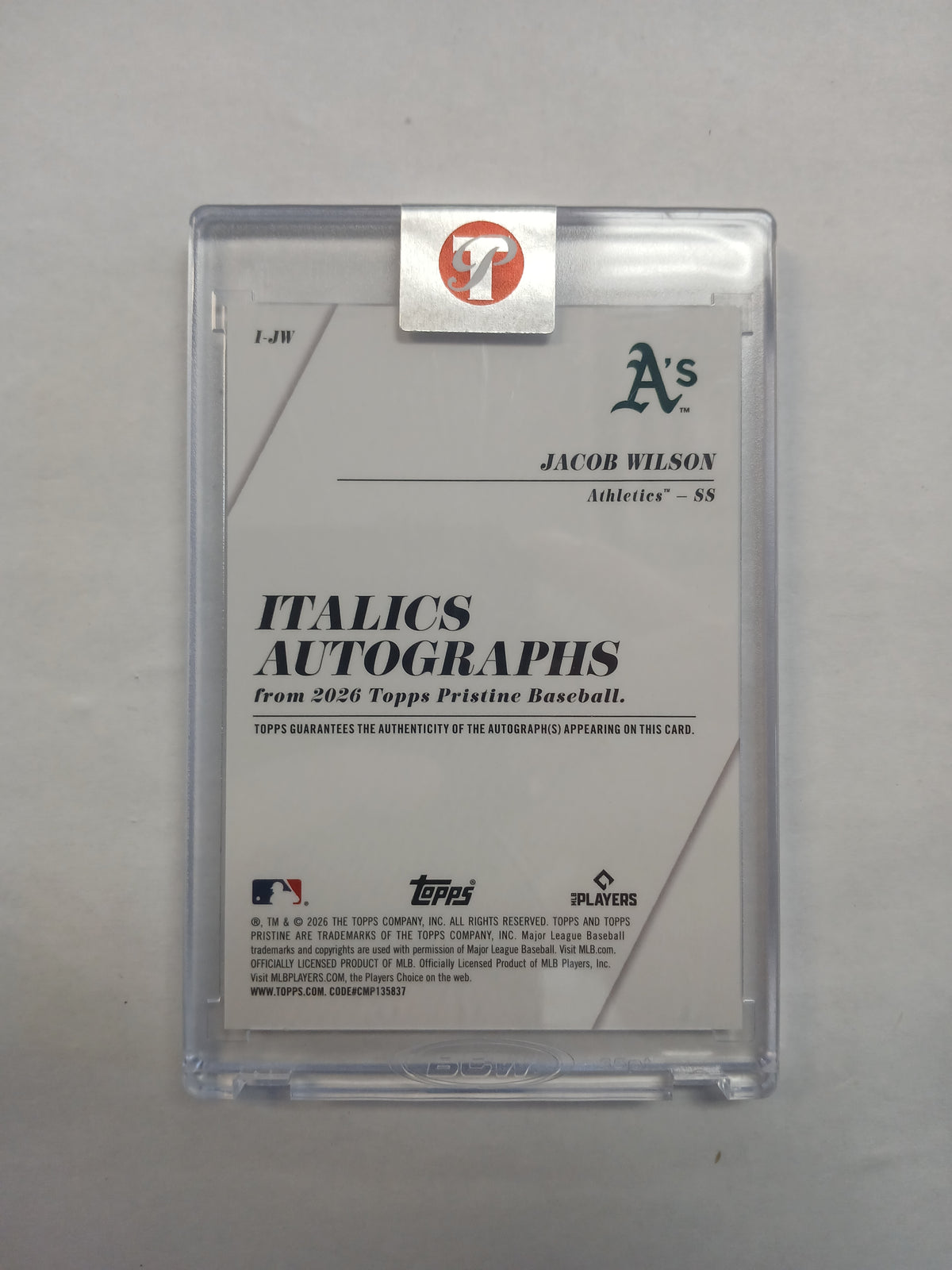 2026 Topps Pristine Jacob Wilson Italics On Card Auto #/99