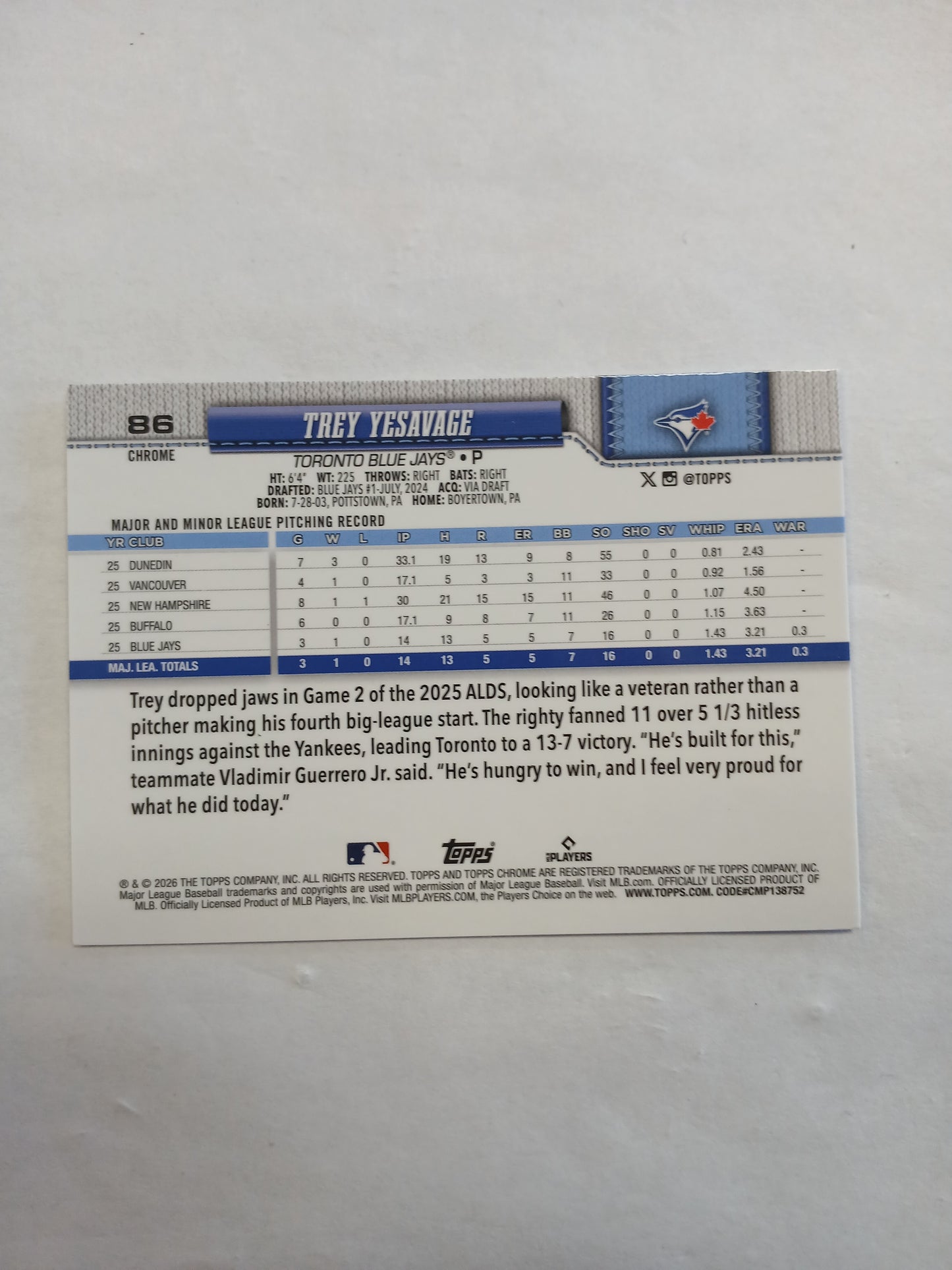 2026 Topps Chrome Trey Yesavage Image Variation Refractor Rookie SSP