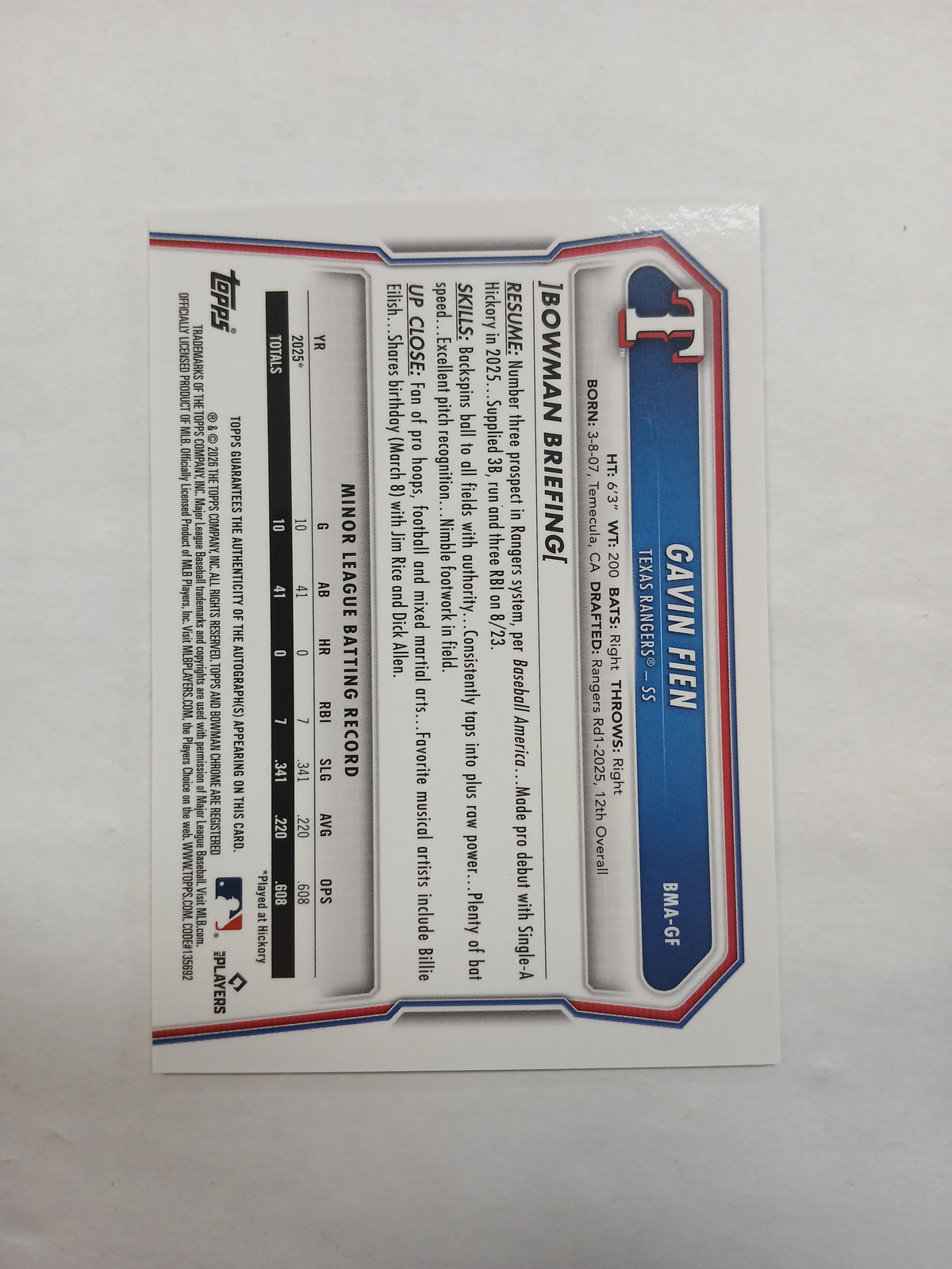 2026 Bowman Chrome Gavin Fien Mojo Refractor On Card Auto
