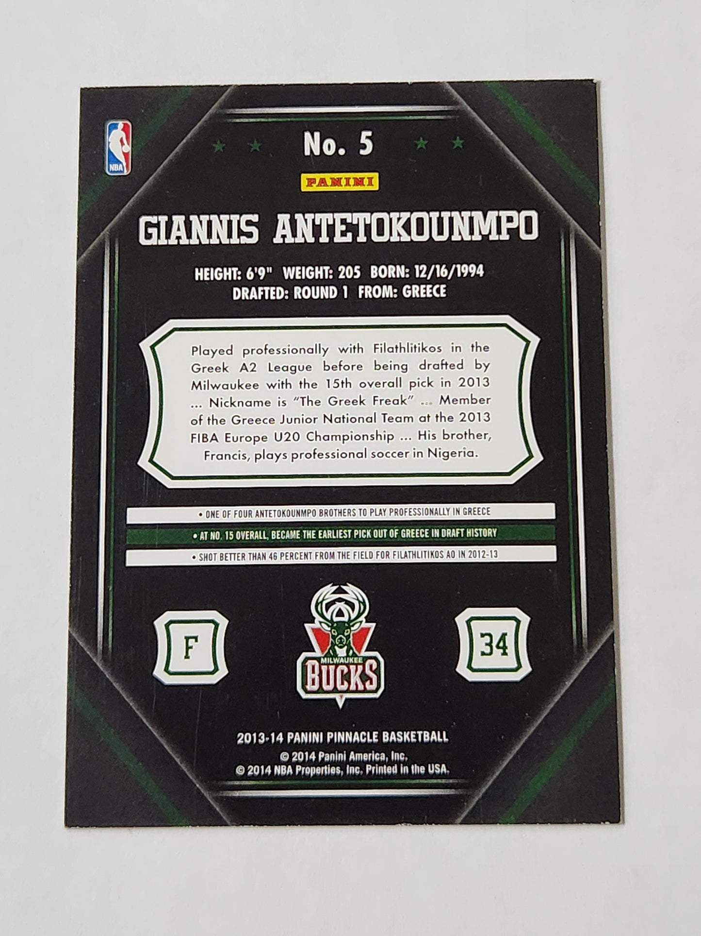 2013 Pinnacle Giannis Antetokounmpo Rookie Card No. 5