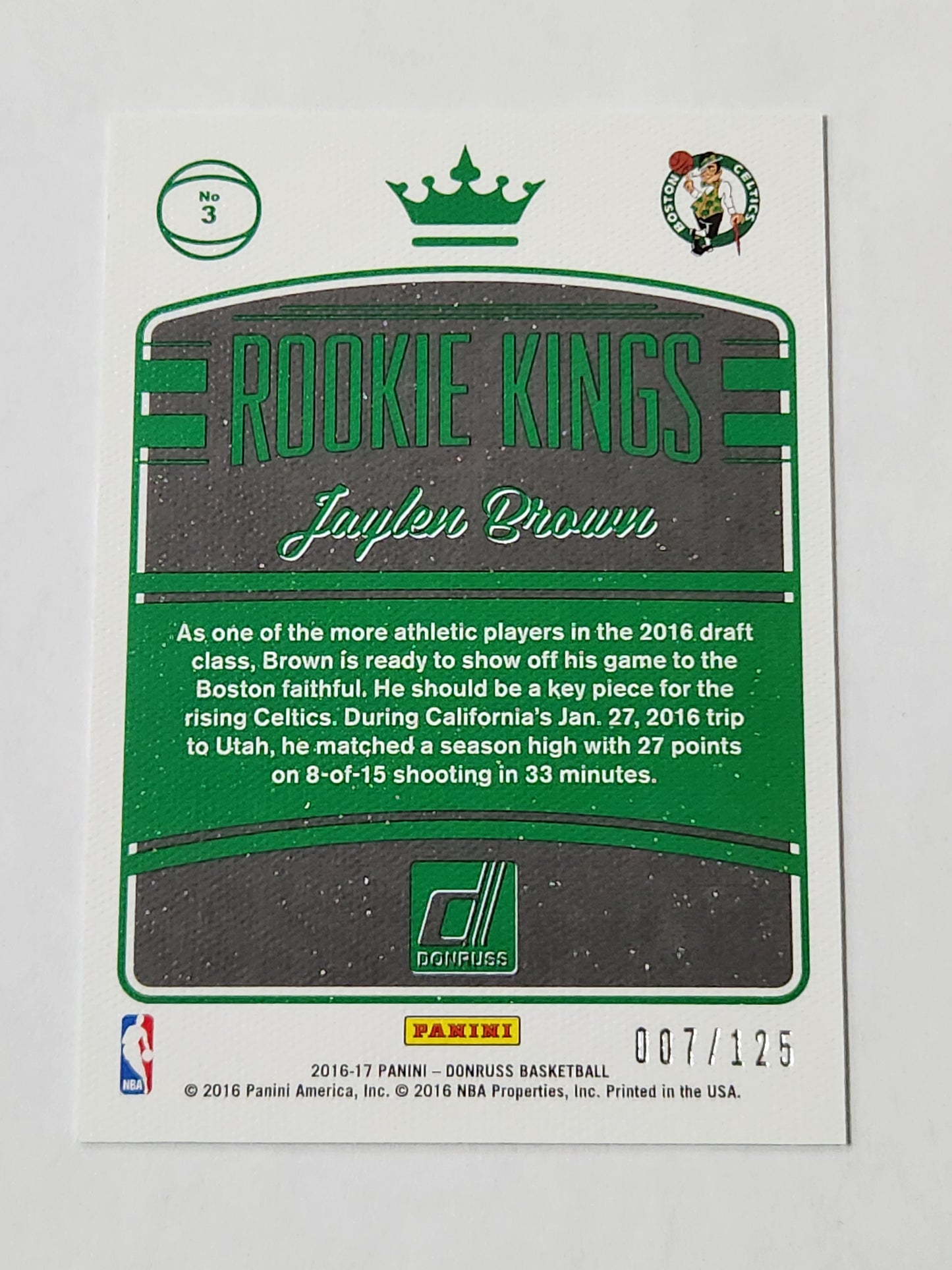 2016 Donruss Jaylen Brown Rookie Kings Press Proof 007/125 Jersey #