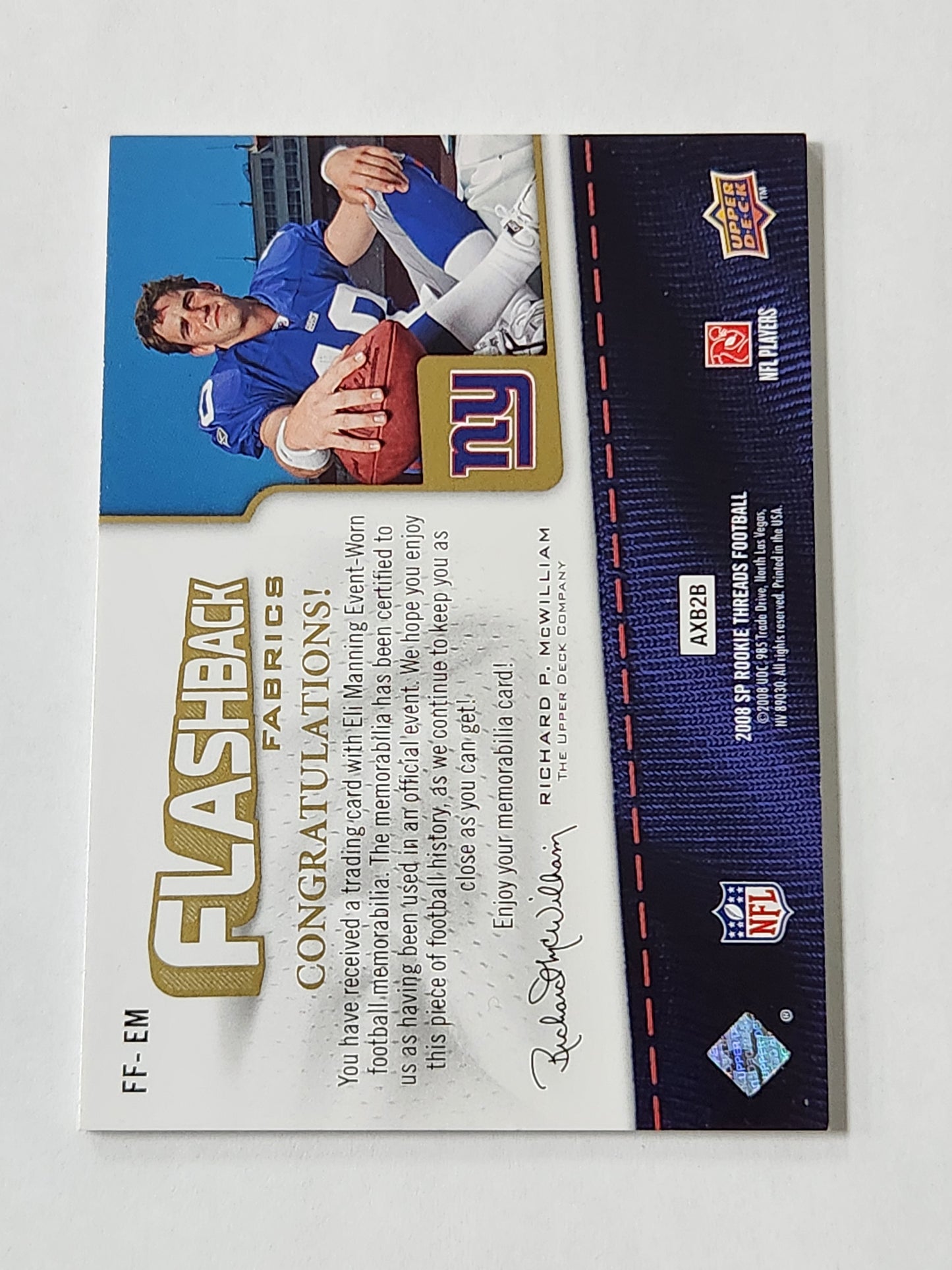 2008 Upper Deck SP Authentic Eli Manning Rookie Threads Flashback Fabrics Jersey Card /200