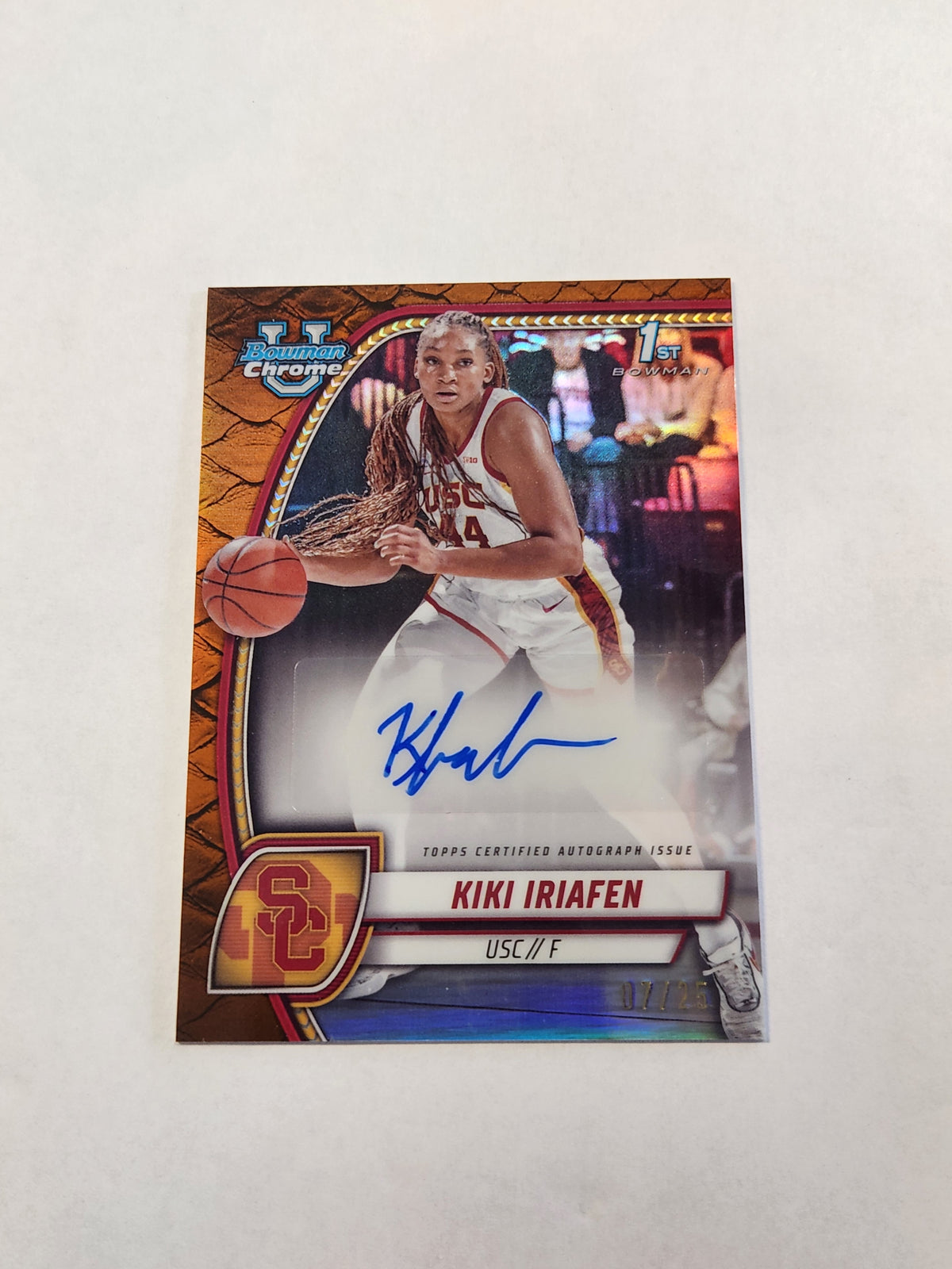 2025 Bowman Chrome U Kiki Iriafen 1st Bowman Orange Reptilian Auto #/25