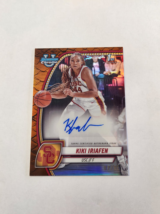 2025 Bowman Chrome U Kiki Iriafen 1st Bowman Orange Reptilian Auto #/25