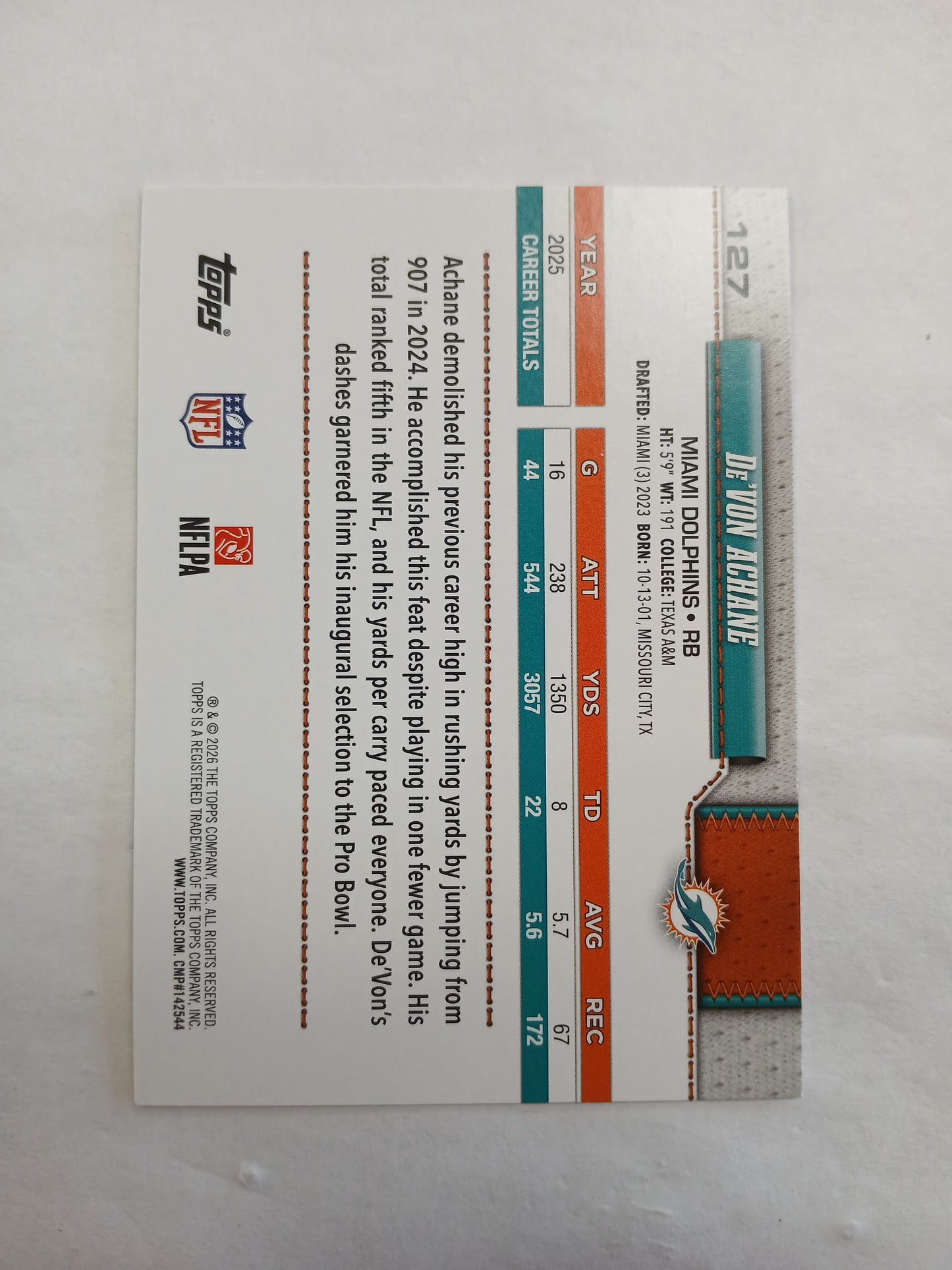 2026 Topps Flagship Football De'Von Achane Team Border SSP