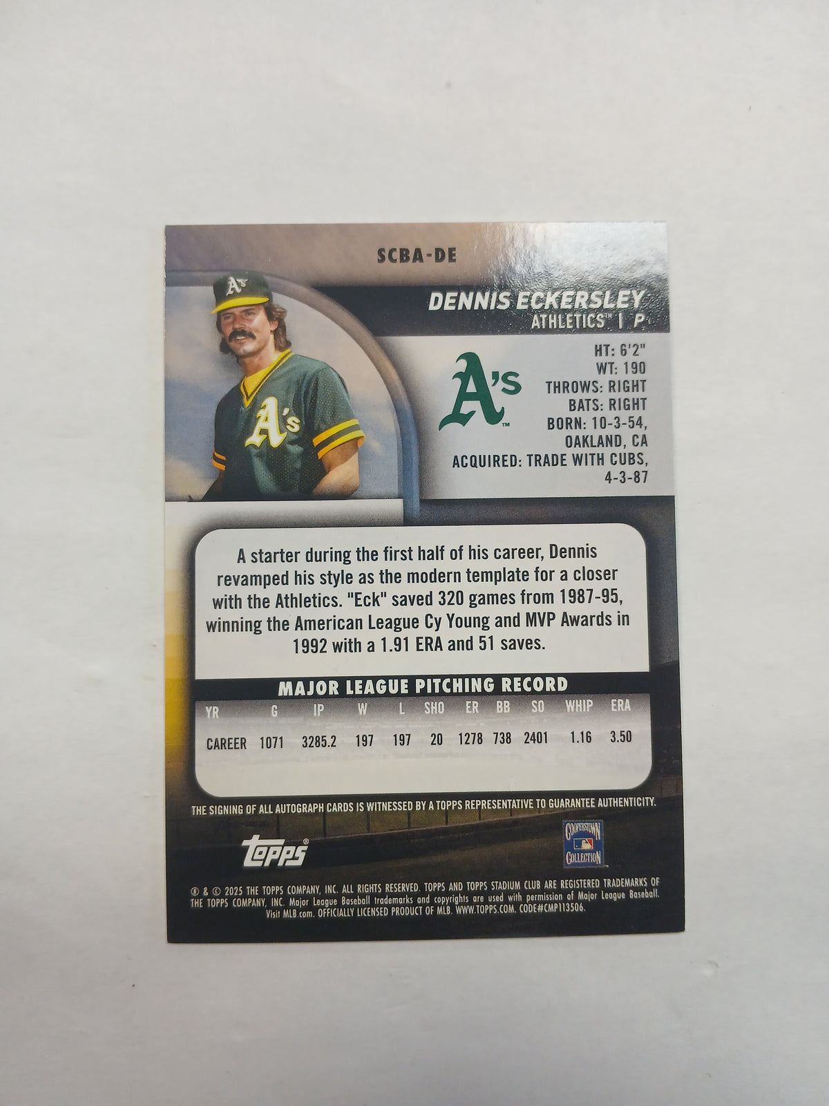 2025 Topps Stadium Club Dennis Eckersley Yellow On Card Auto