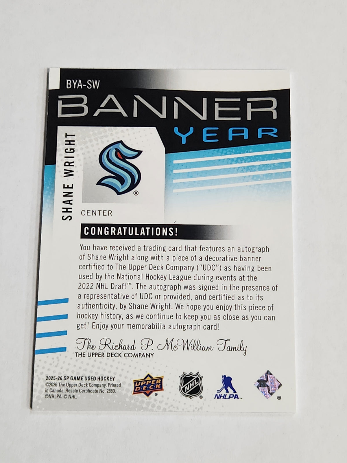 2025 SP Game Used Shane Wright Banner Year Patch Auto #/10