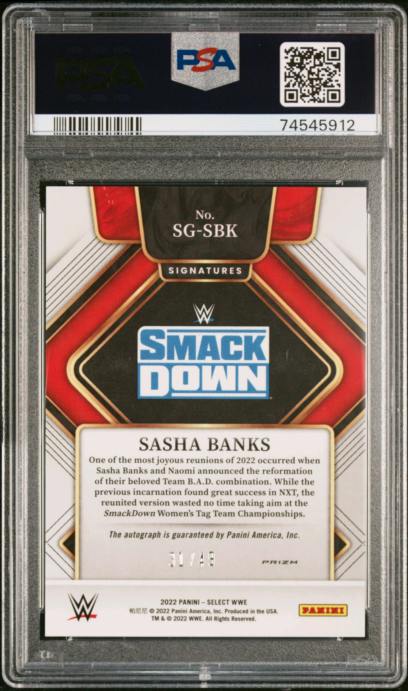 2022 Select WWE Sasha Banks Signature Selection Blue Prizm Auto /49 PSA 10
