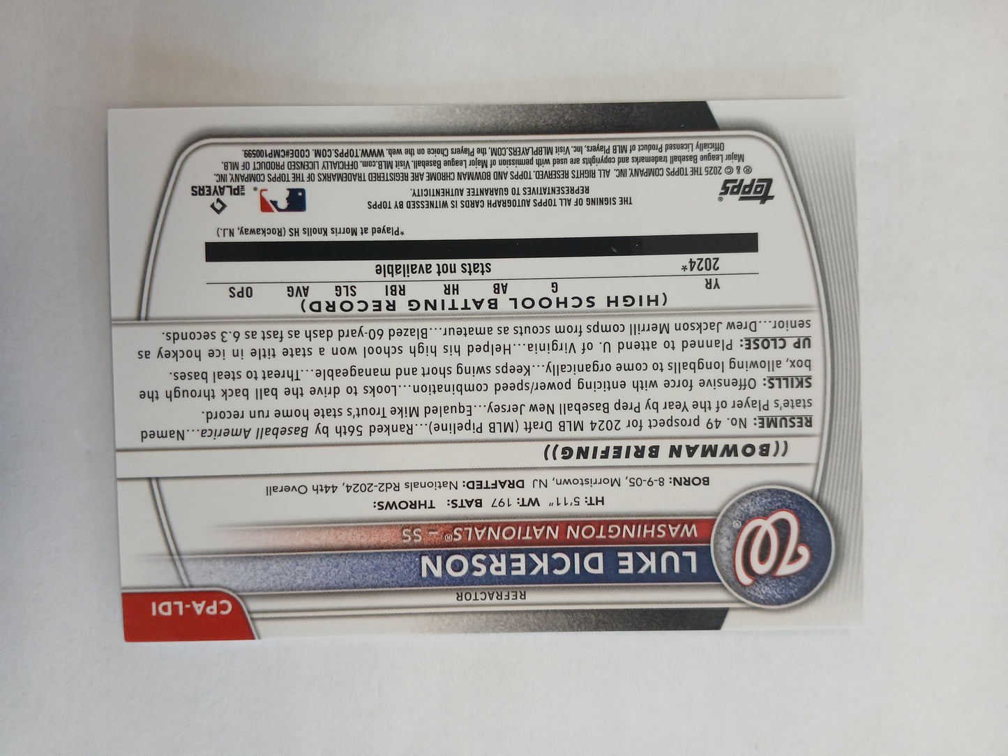 2025 Bowman Chrome Luke Dickerson 1st bowman Prospects On card Auto Refractor #/499