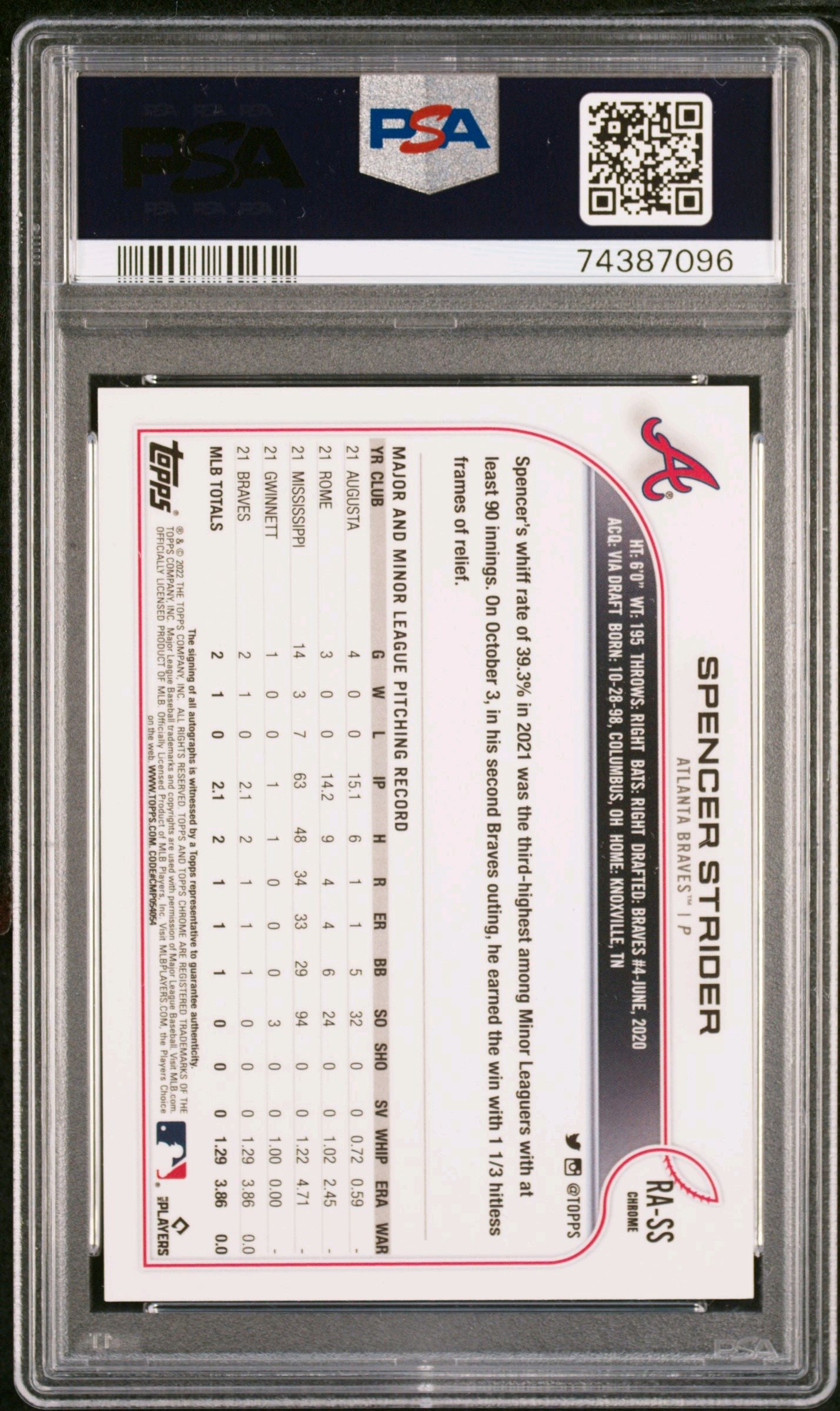 2022 TOPPS CHROME ROOKIE AUTOGRAPHS #RASS SPENCER STRIDER ROOKIE AUTOGRAPH PSA 10