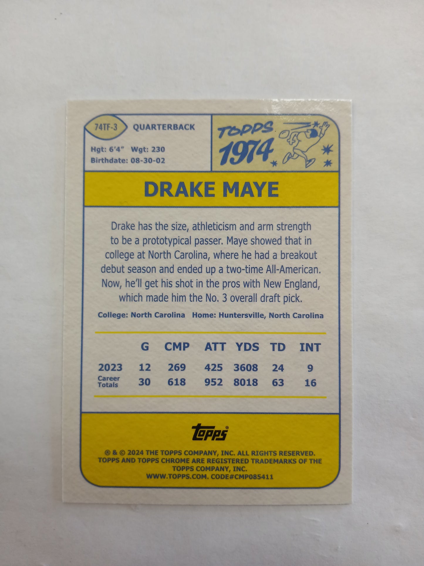 2024 Topps Chrome Drake Maye Rookie 1974 Throwback Green Refractor #/99