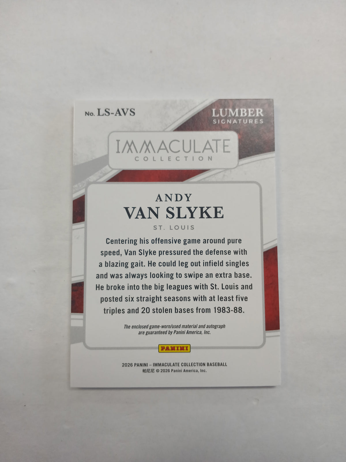 2026 Immaculate Collection Andy Van Slyke Lumber Patch On Card Auto #/25