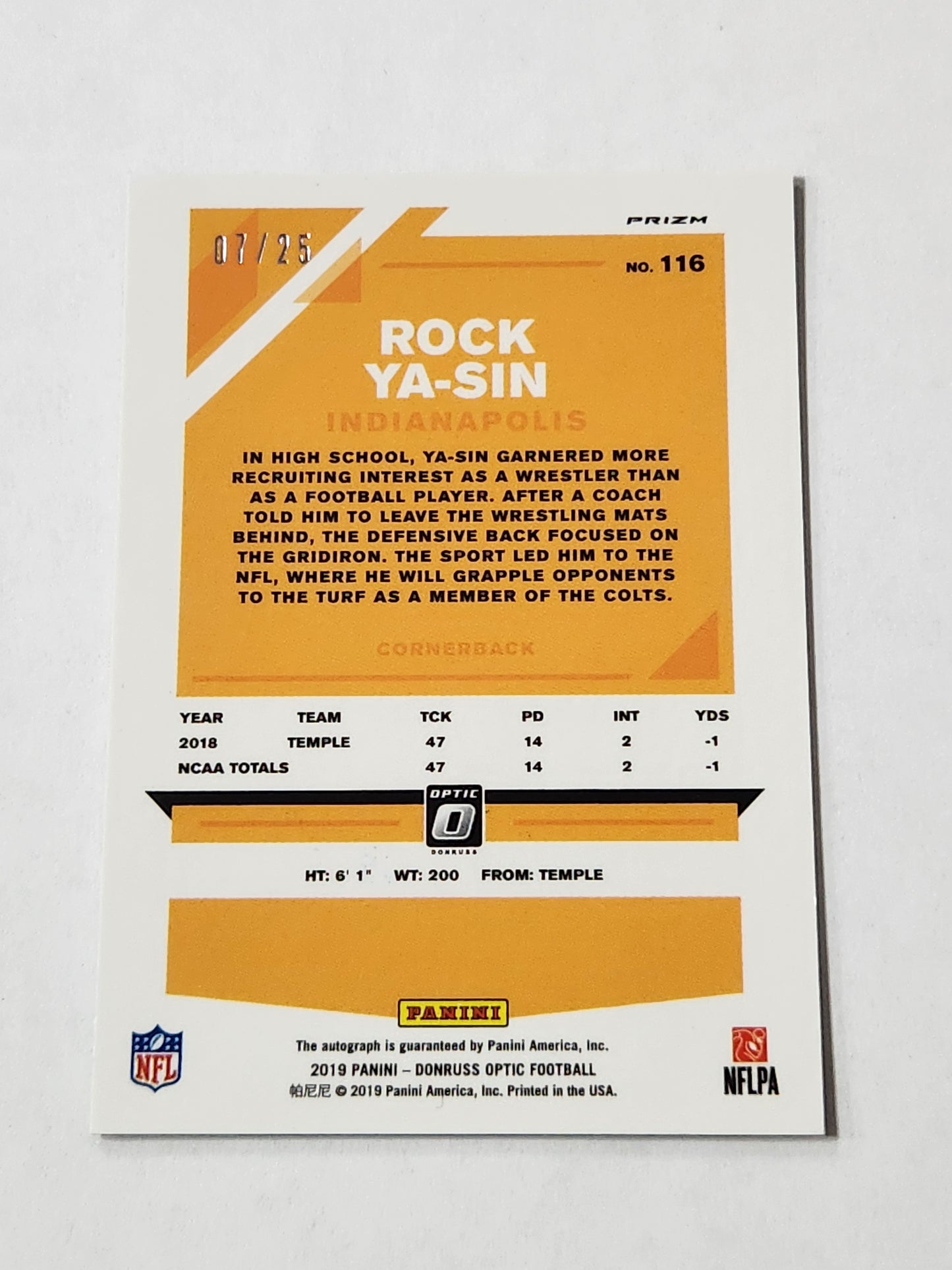 2019 Optic Rock Ya-Sin Rookie Auto Black Pandora /25